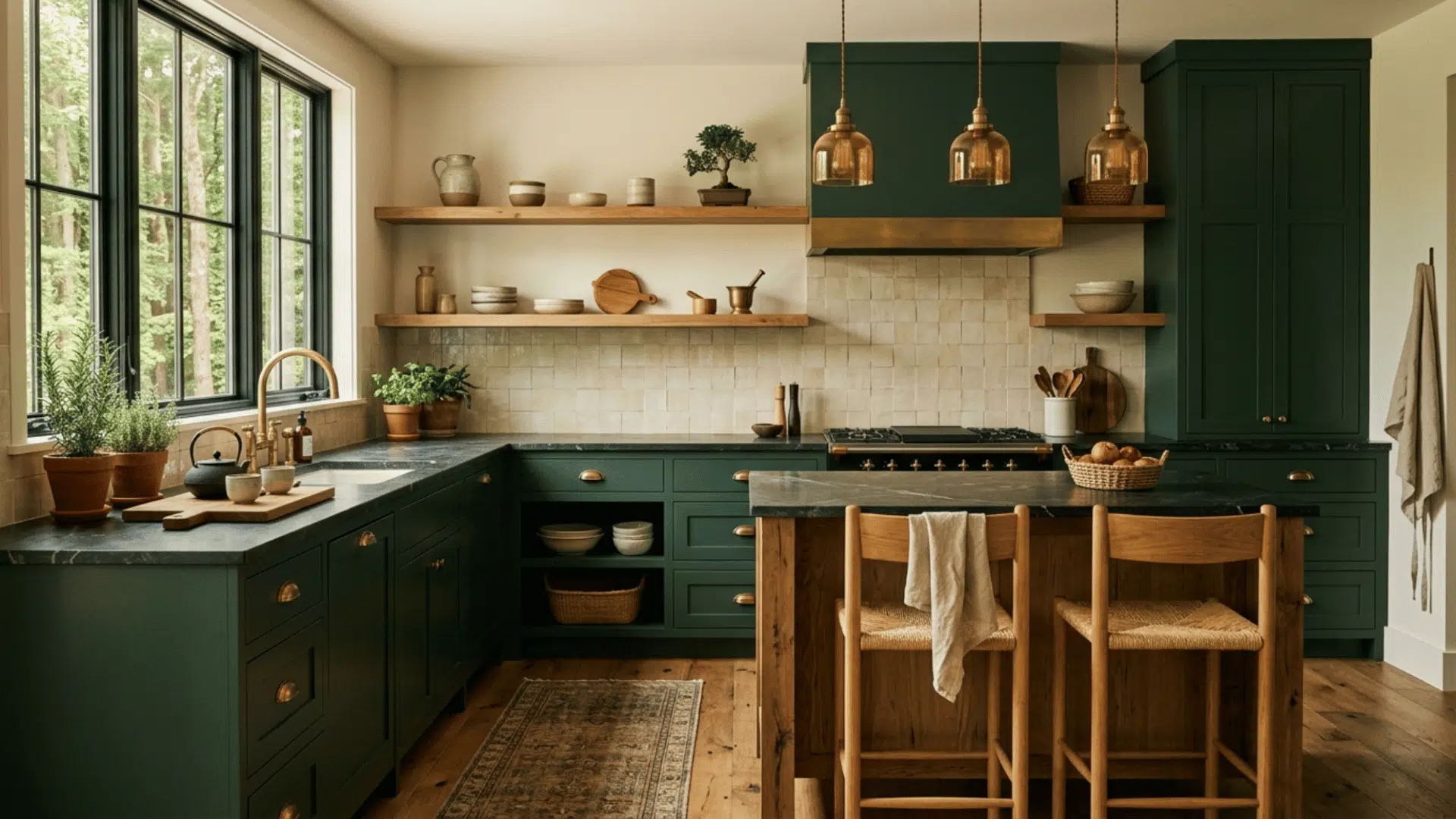 forest green cabinets with natural wood bring an earthy and warm feel to a modern kitchen