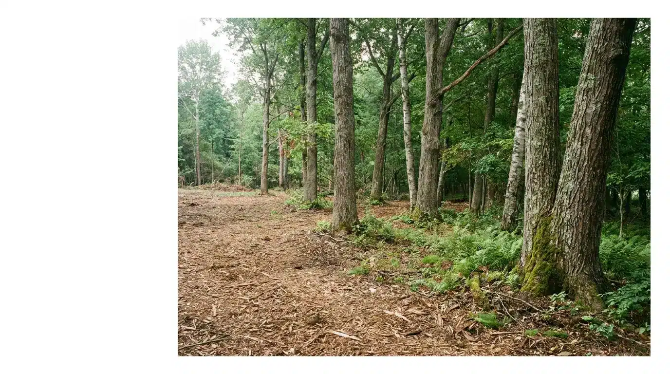 Dense forest with tall trees and ferns on forest floor under natural daylight
