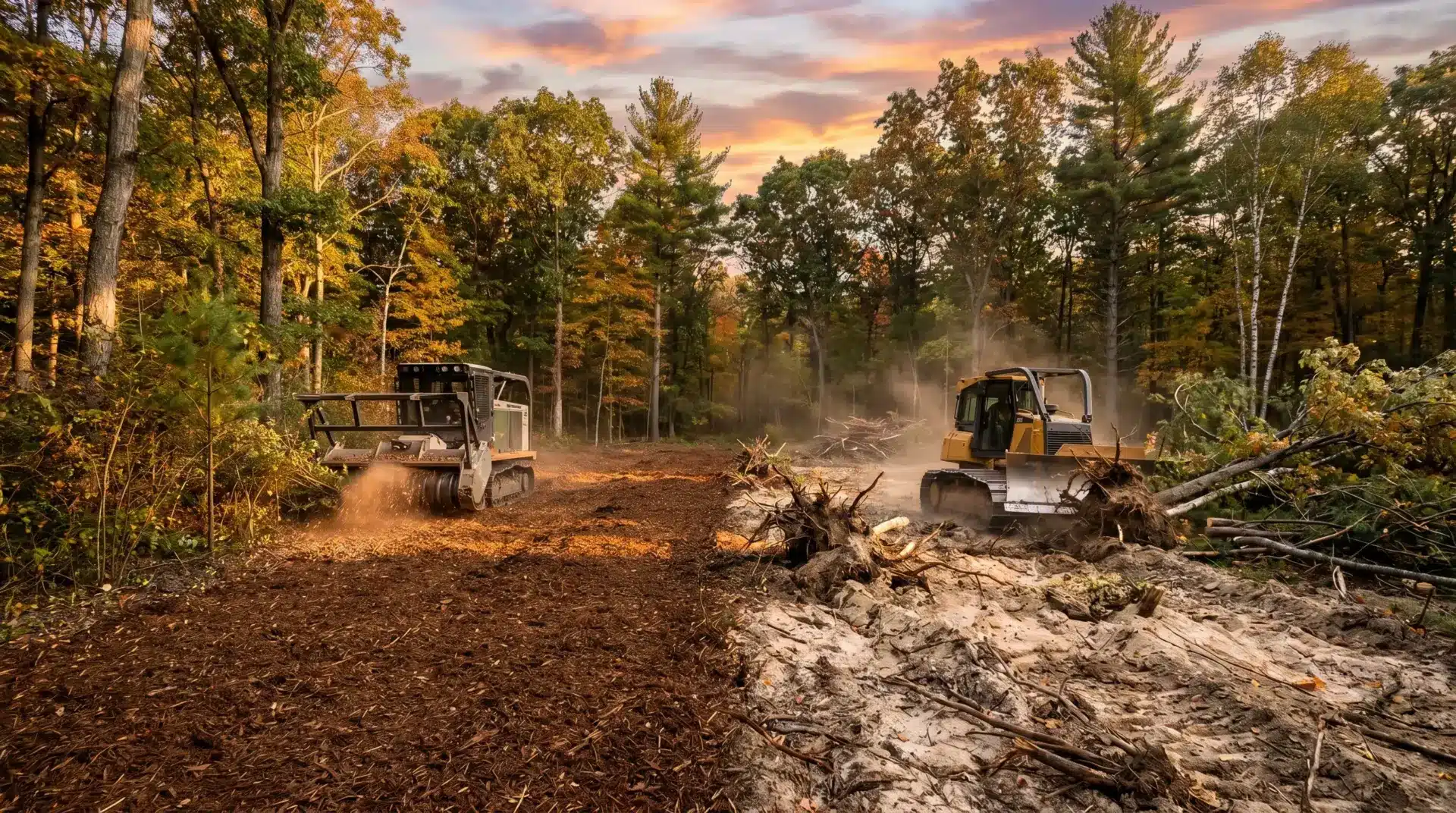 Two bulldozers clearing land in a forest with autumn foliage under sunset sky
