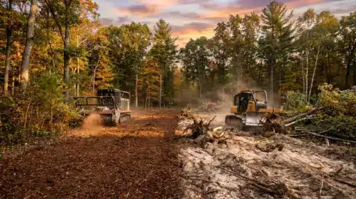 Two bulldozers clearing land in a forest with autumn foliage under sunset sky
