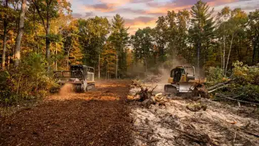 Two bulldozers clearing land in a forest with autumn foliage under sunset sky