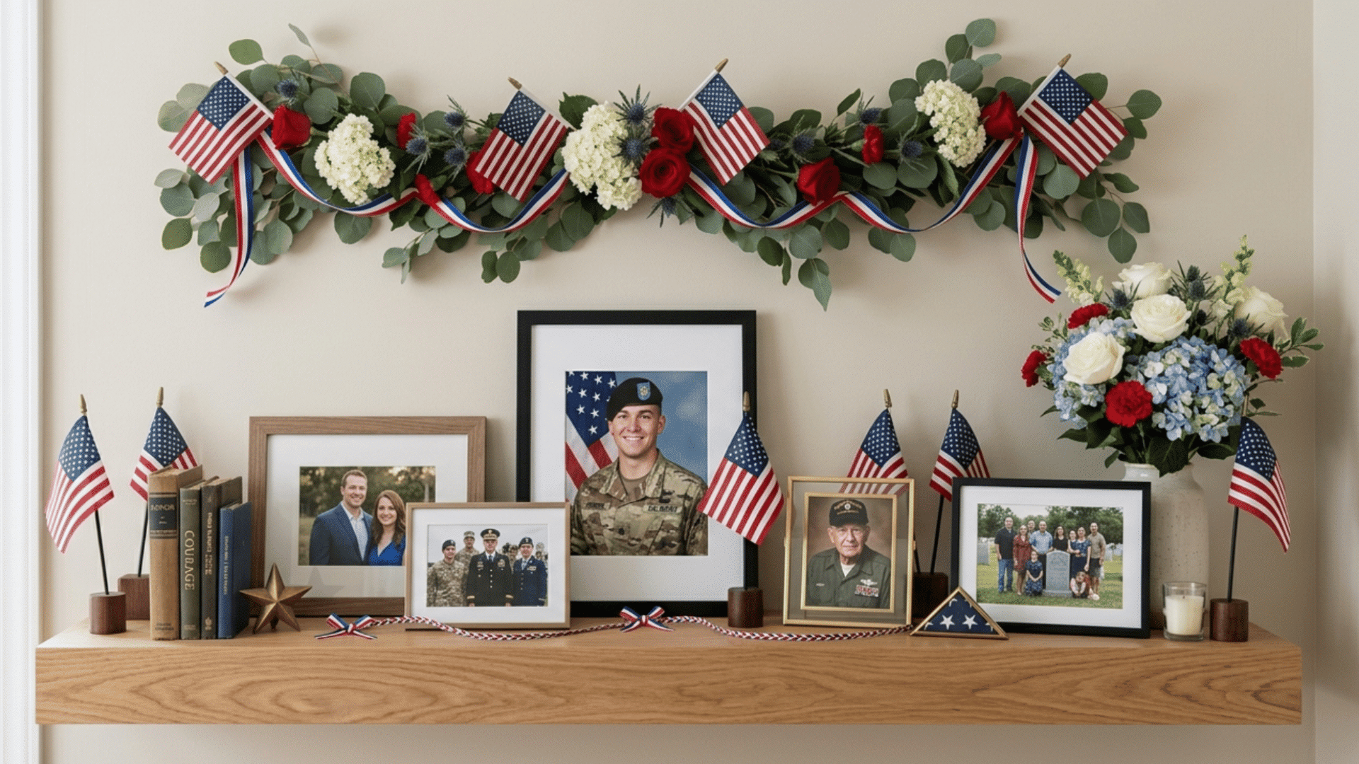 framed photos with flags and ribbon arranged on table as simple memorial day tribute corner