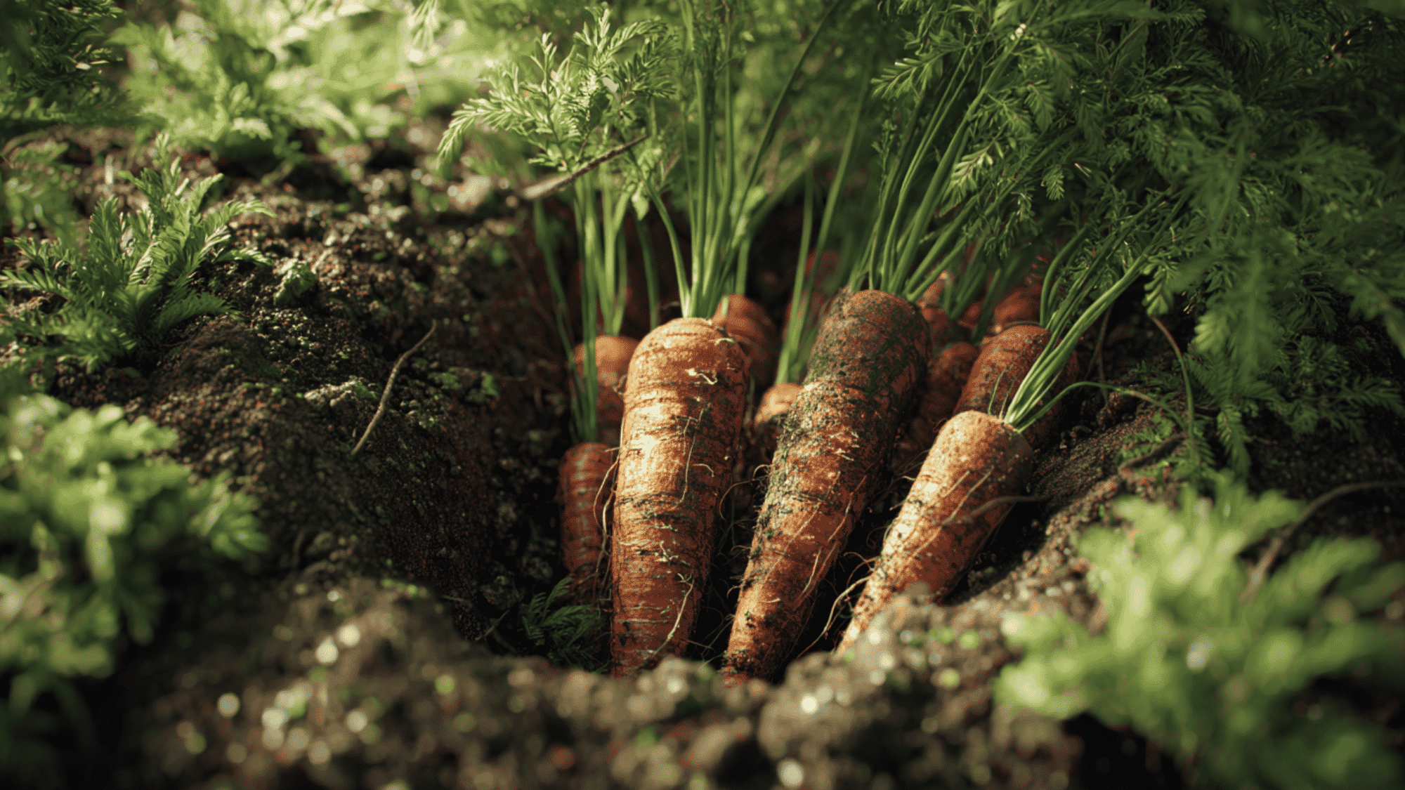 fresh carrots growing in soil with green tops visible in garden under natural sunlight