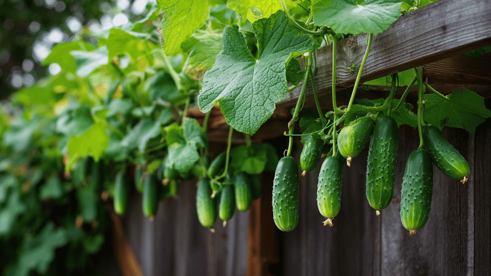 fresh cucumbers growing on vine with trellis support in green garden during summer season