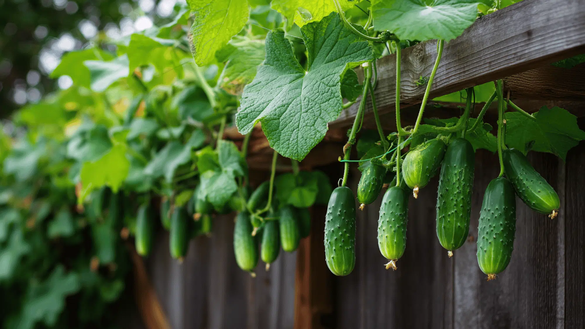 fresh cucumbers growing on vine with trellis support in green garden during summer season