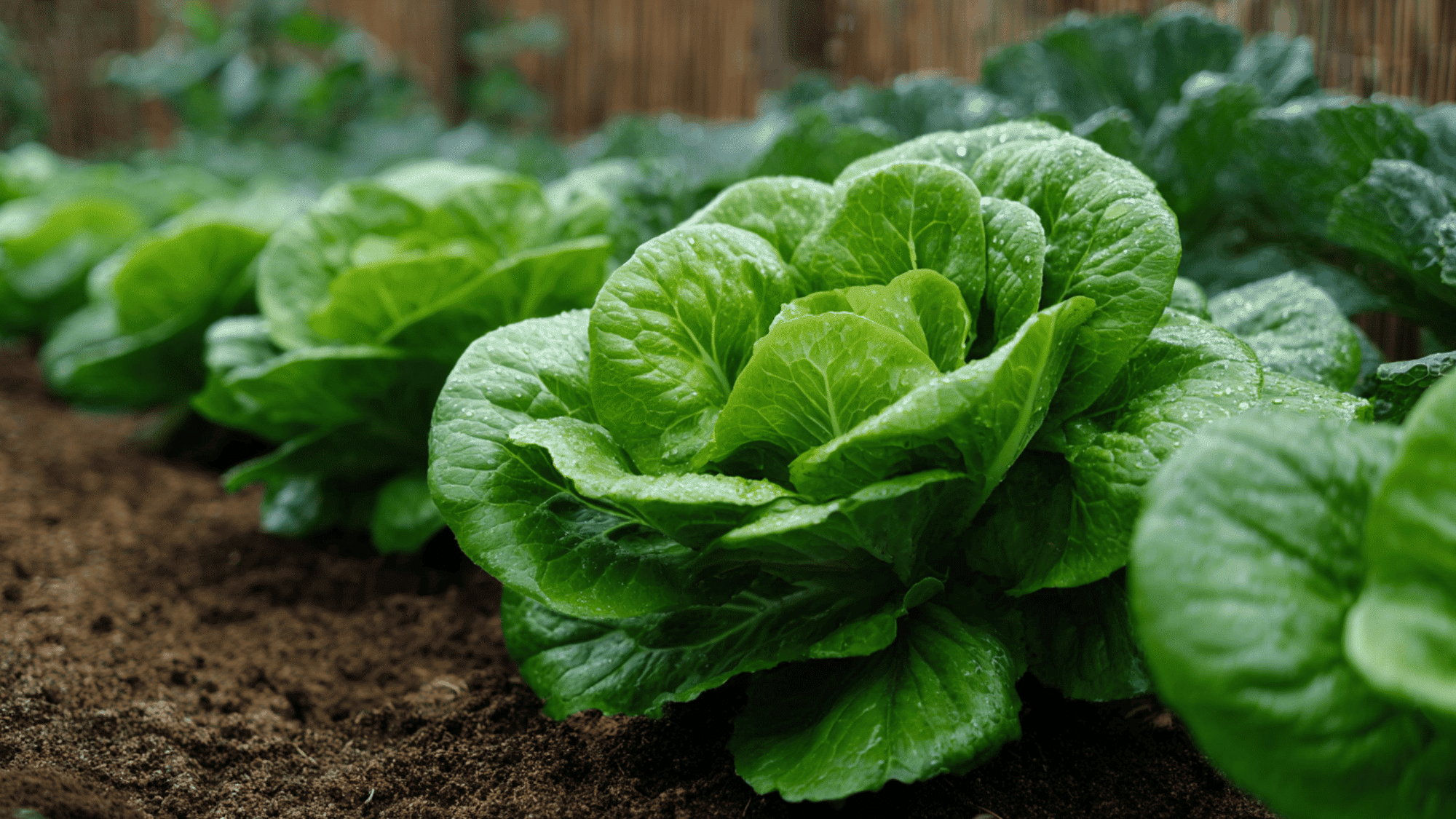 fresh lettuce growing in garden under shade with green leaves and moist soil in summer