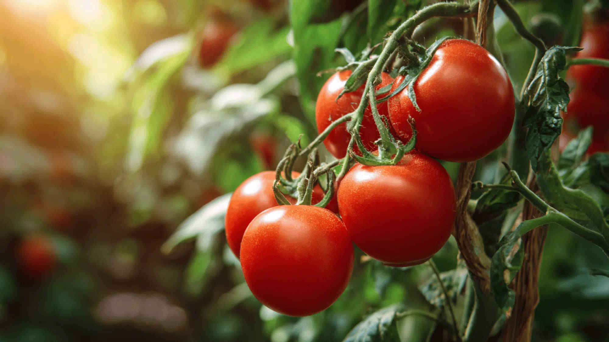 fresh ripe red tomatoes growing on vine in sunny garden with green leaves and natural outdoor setting