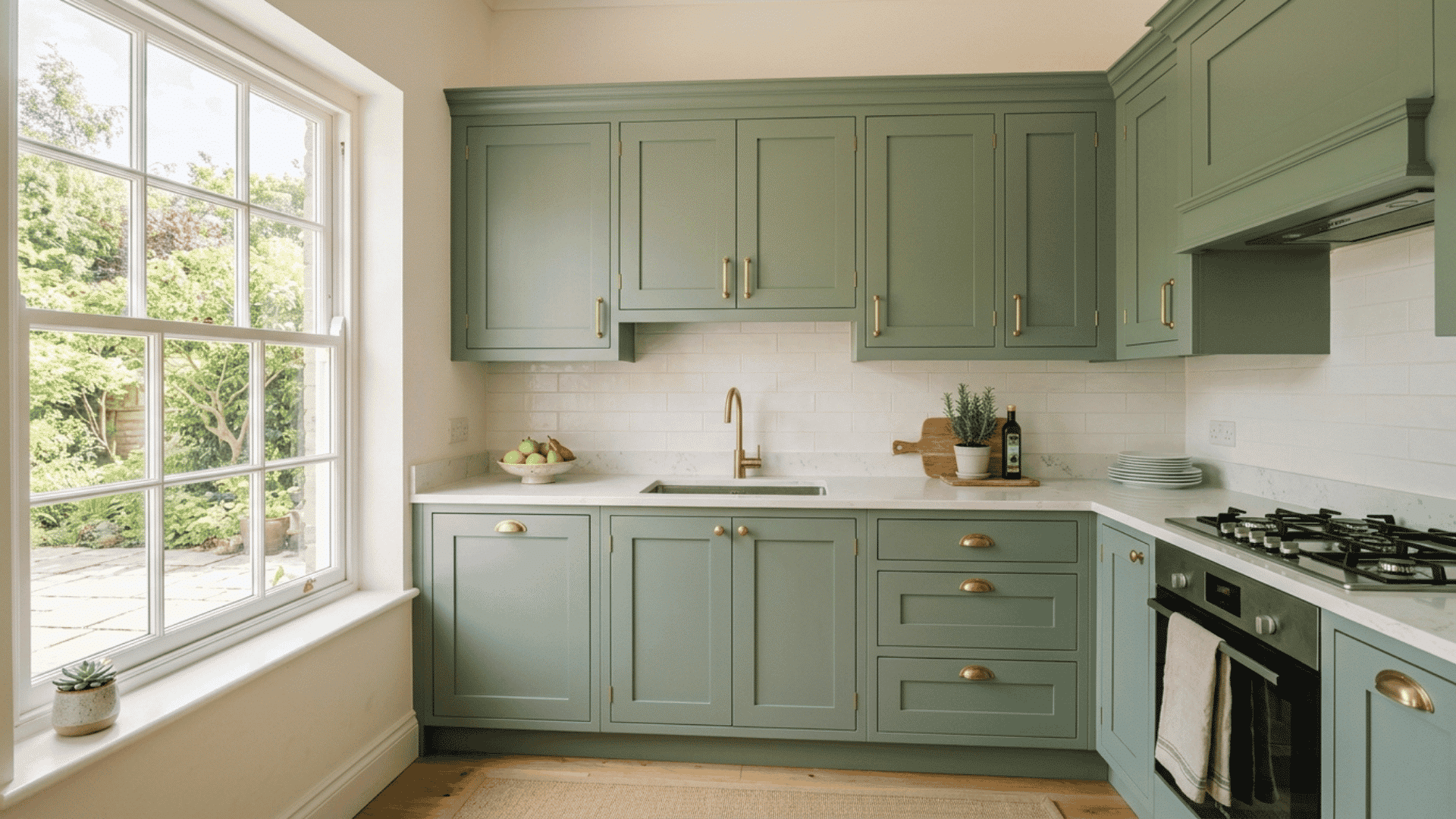 freshly painted sage green kitchen cabinets with smooth finish and brushed brass hardware in bright kitchen