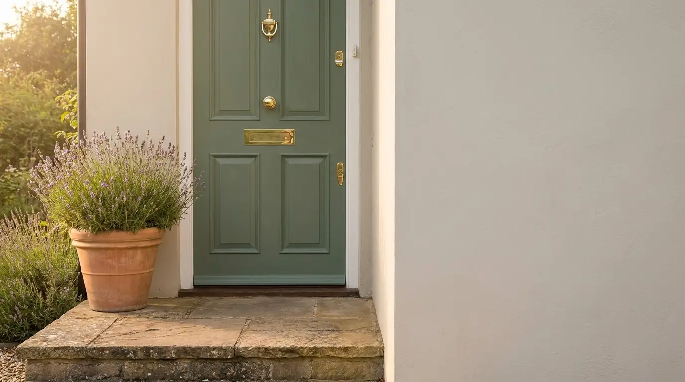 Green front door with brass hardware beside potted lavender on stone porch