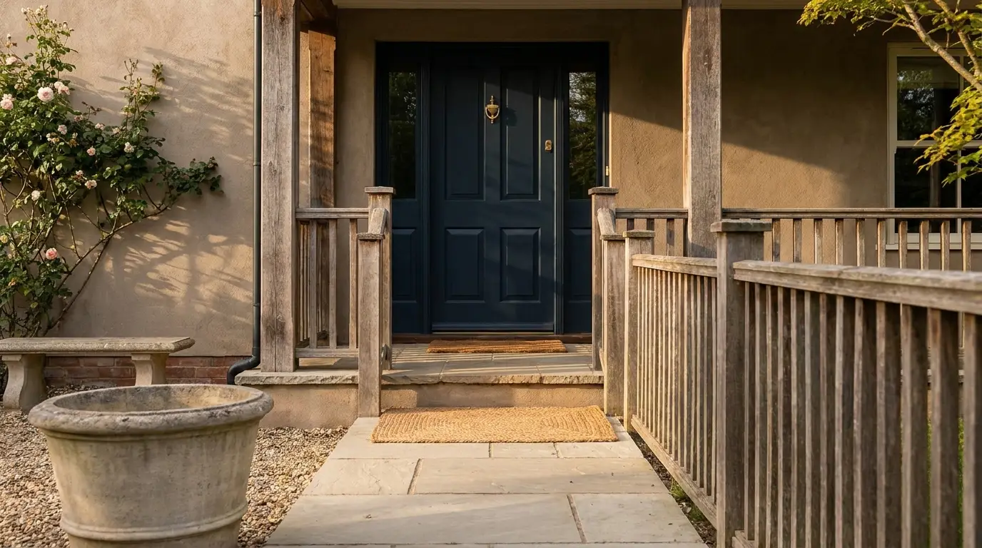 Wooden porch with blue front door, potted plant, and stone bench in warm sunlight