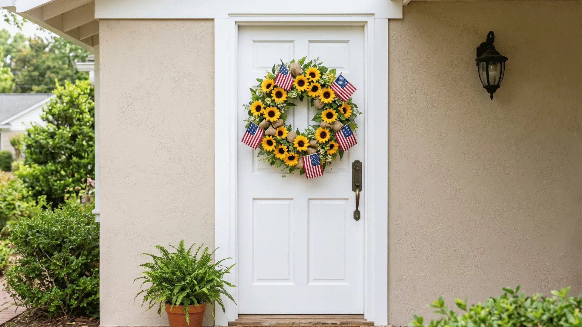 front view bright sunflower wreath with green leaves and evenly placed small flags on a neutral door
