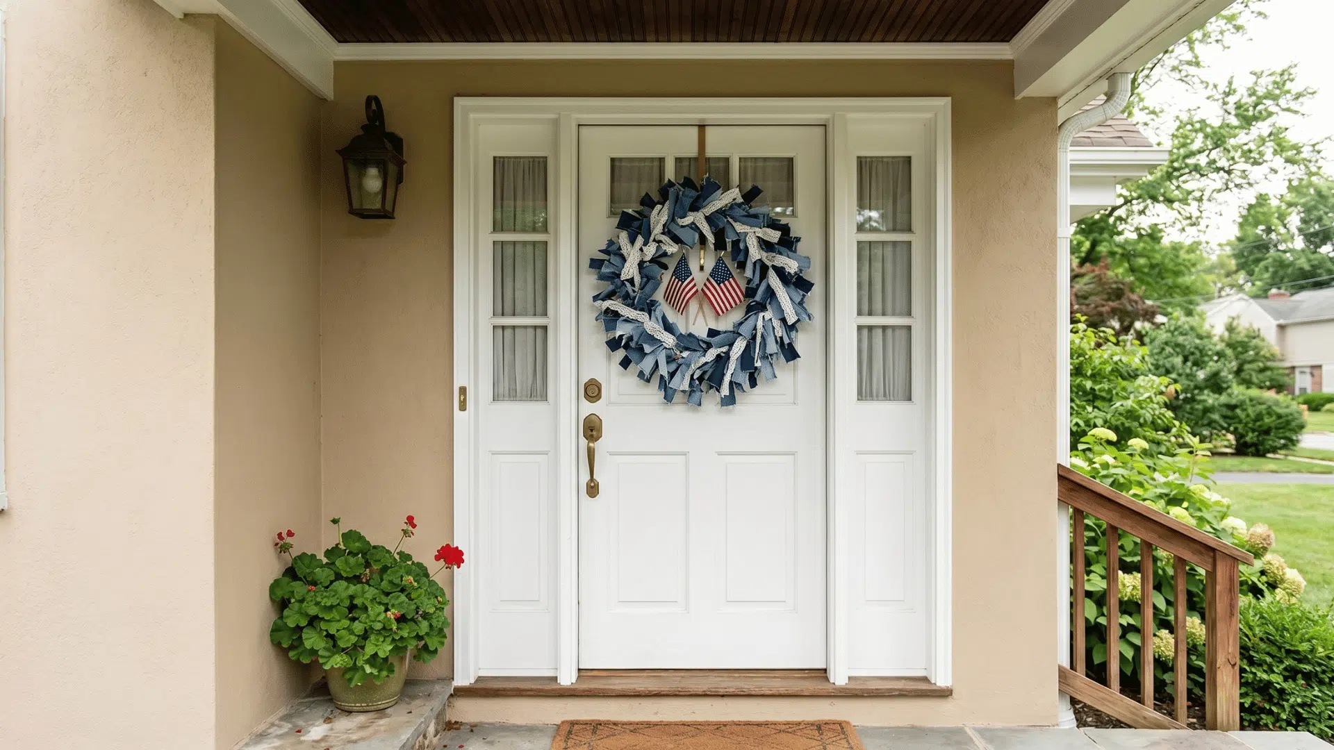 front view denim strip wreath with layered blue fabric, lace accents, and small flags on a neutral door