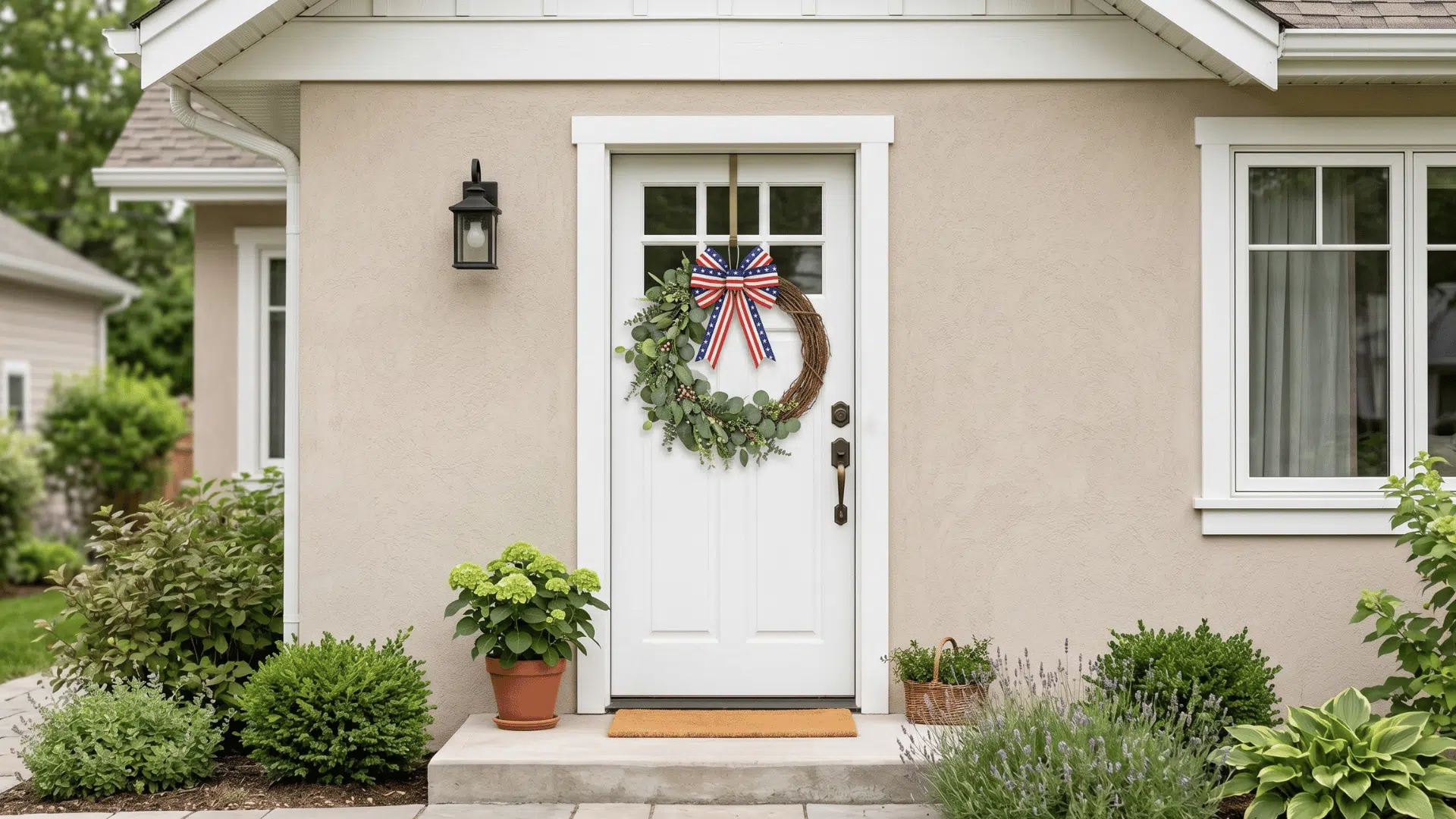 front view half eucalyptus wreath with a red white blue ribbon bow on a neutral door