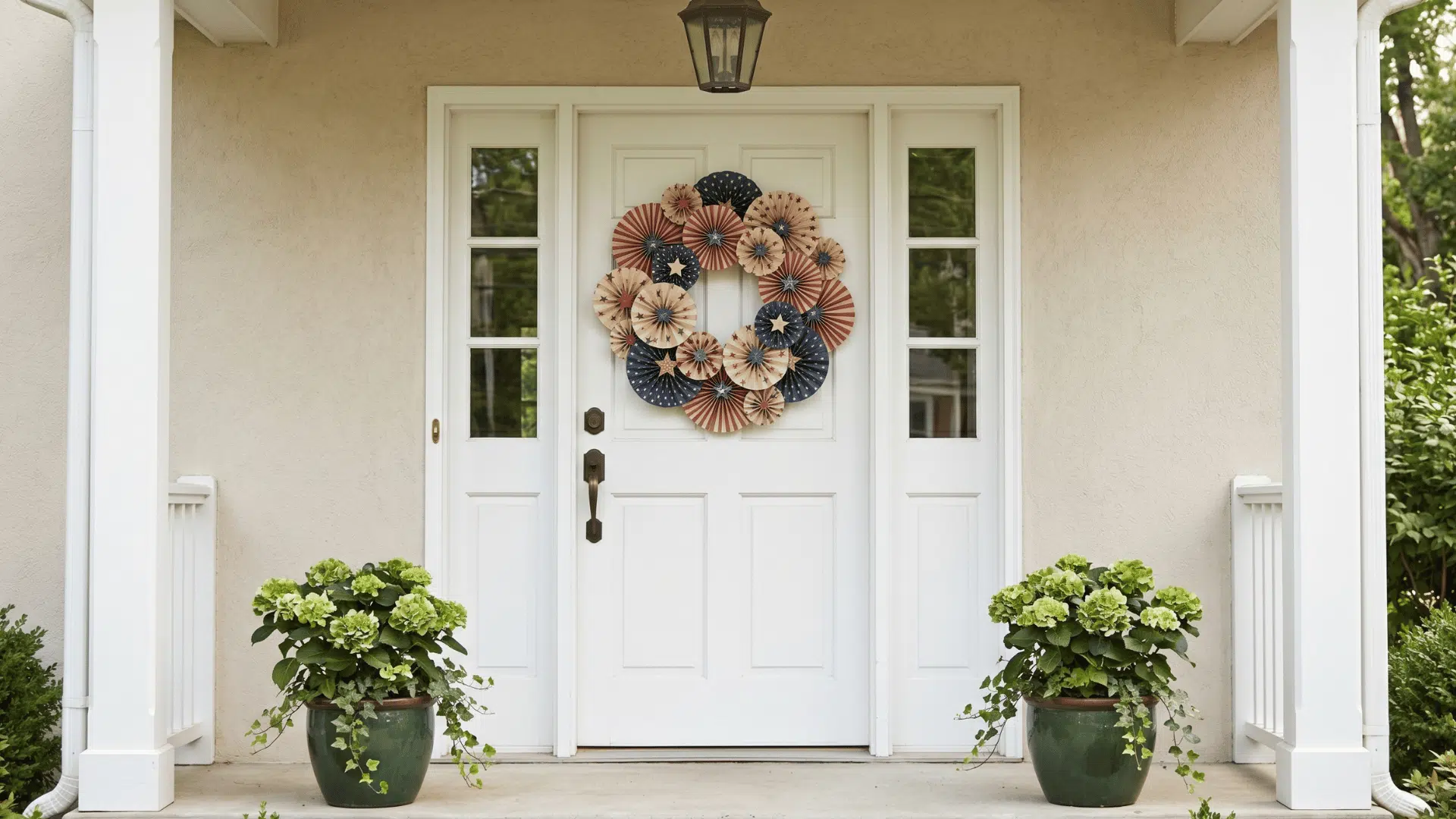 front view paper rosette wreath made with stars and stripes printed folded paper