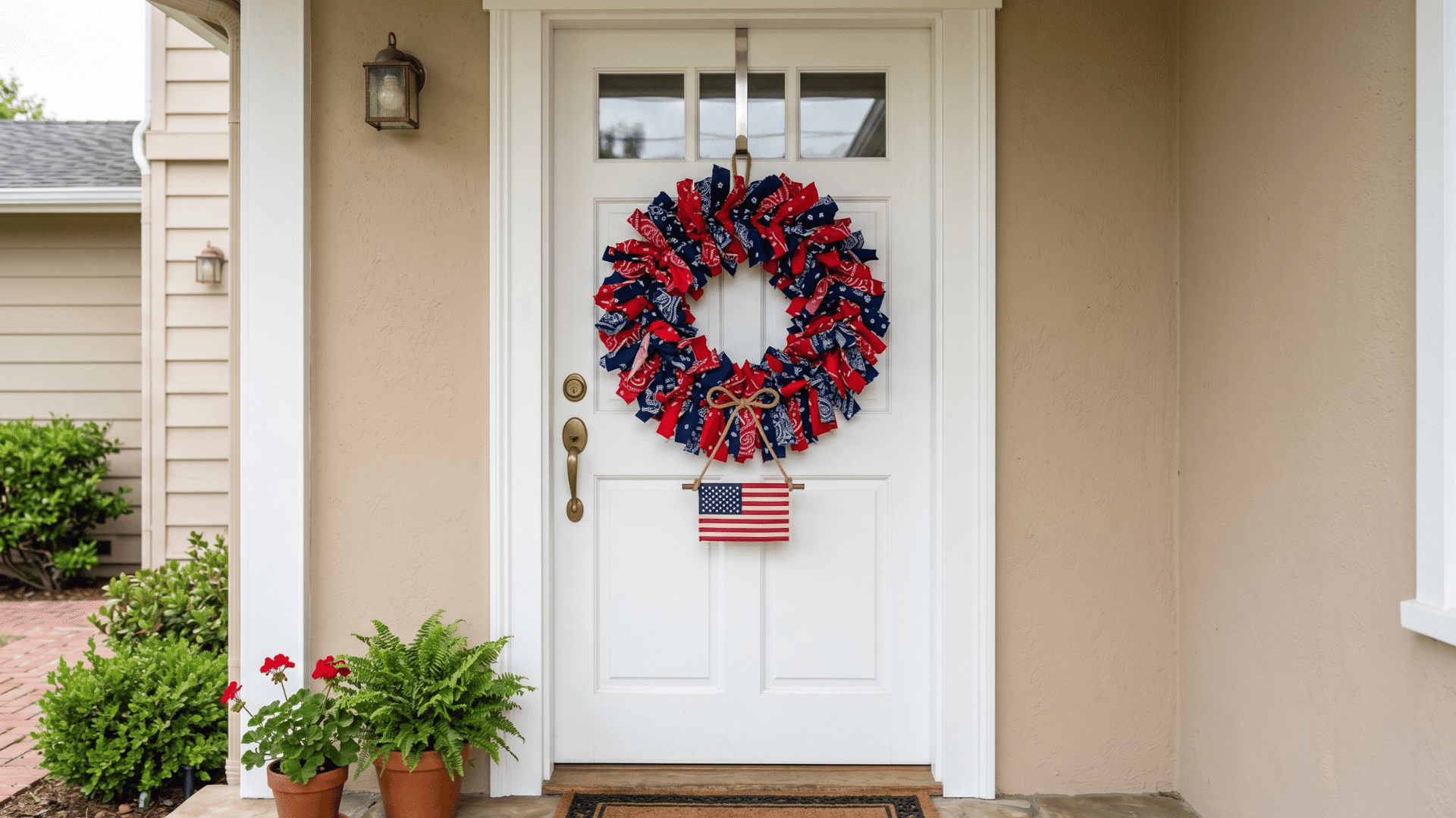 front view red and blue bandana strip wreath tied tightly with a small flag accent (1)