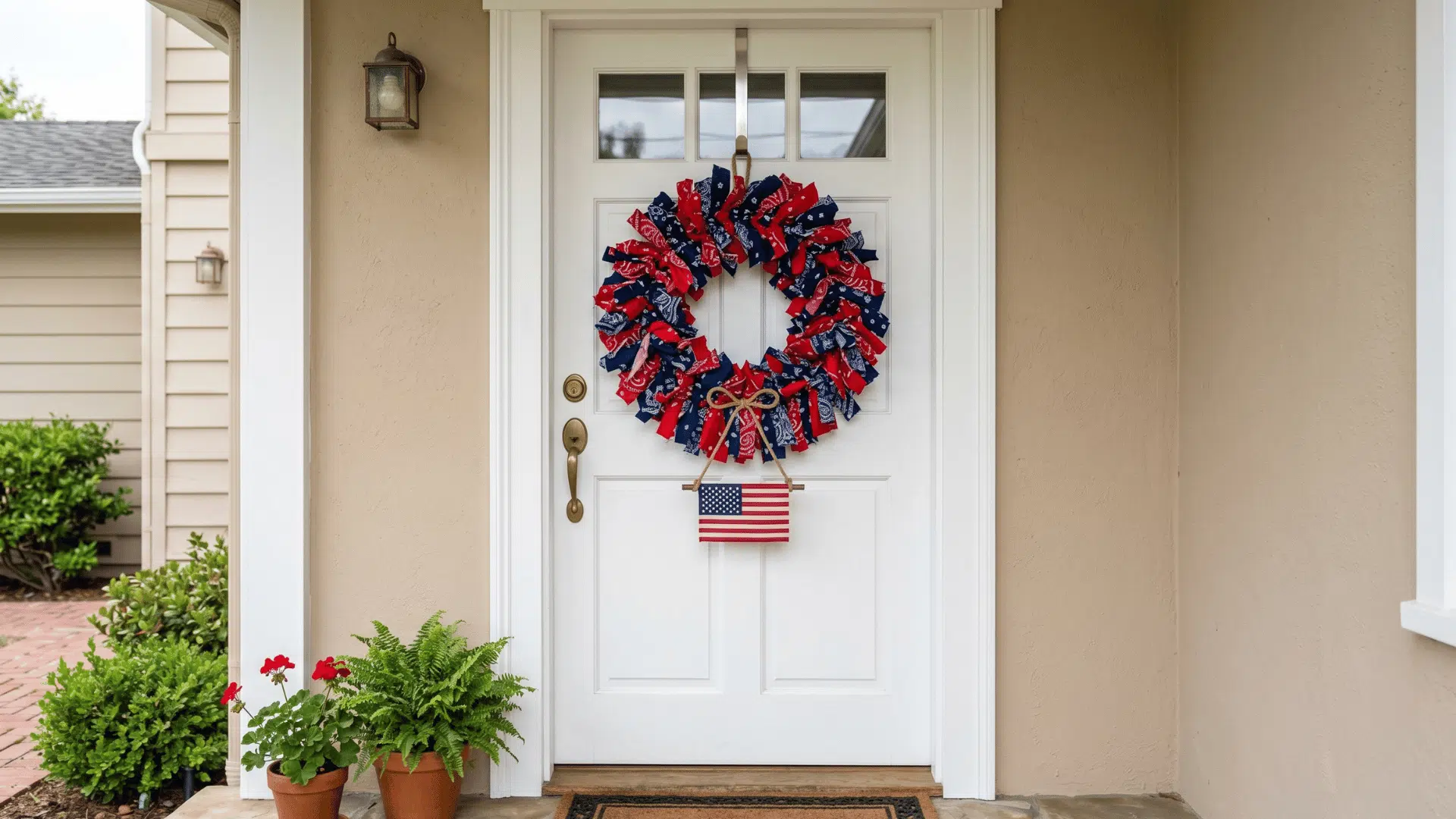 front view red and blue bandana strip wreath tied tightly with a small flag accent (1)