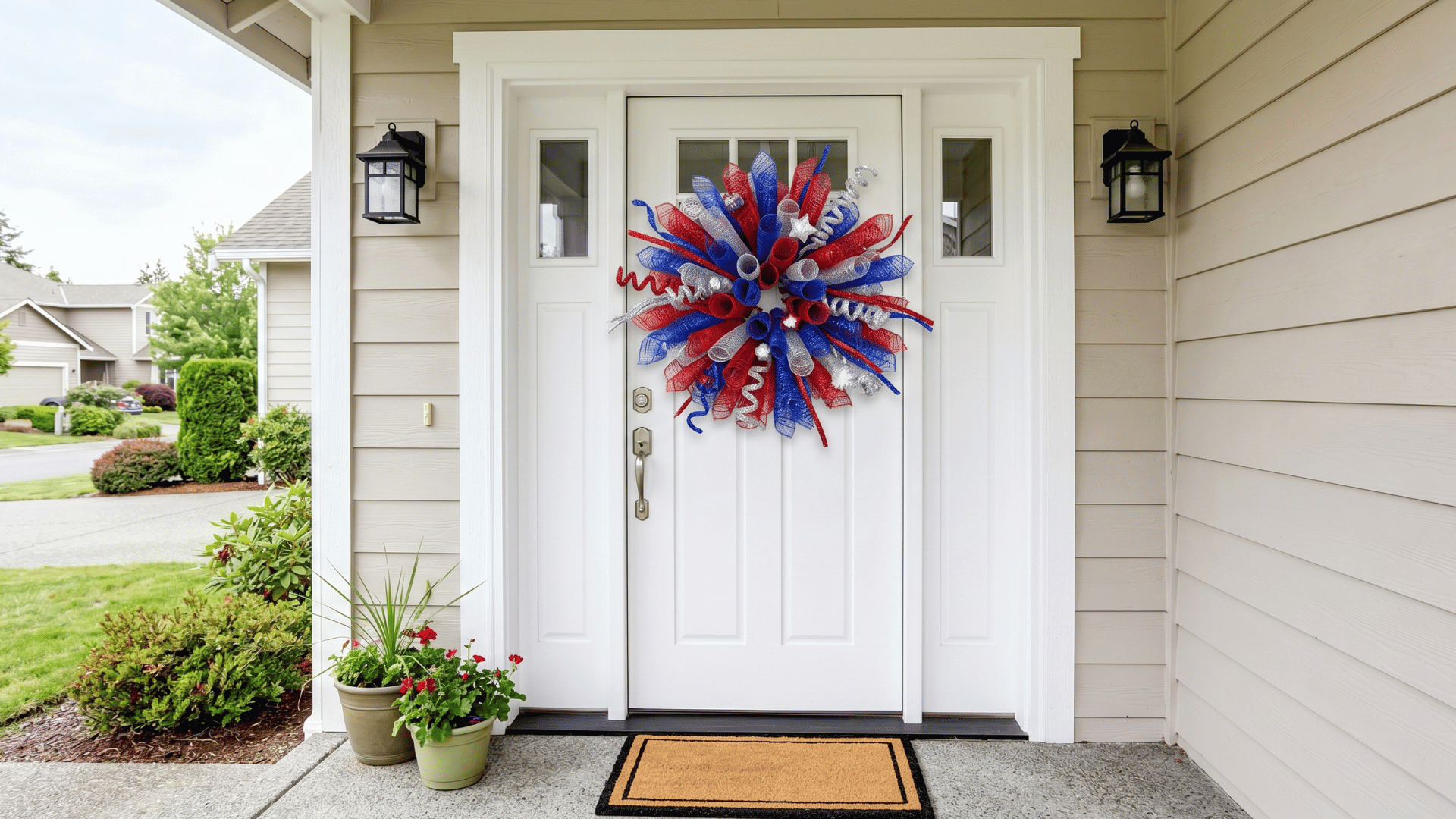front view red blue silver mesh wreath fluffed outward like a fireworks burst on a door