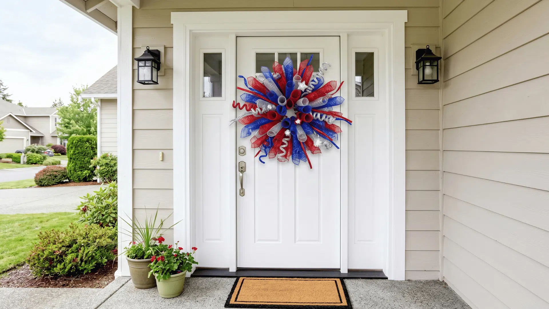 front view red blue silver mesh wreath fluffed outward like a fireworks burst on a door