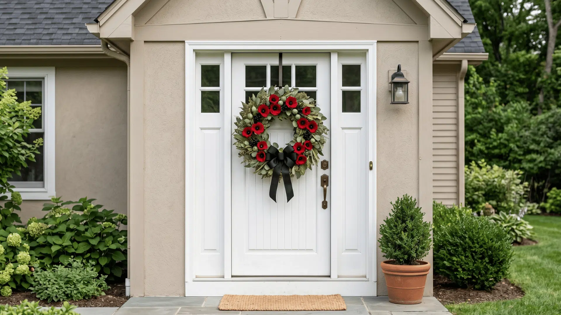 front view red poppy wreath with greenery base and simple black ribbon on a neutral door