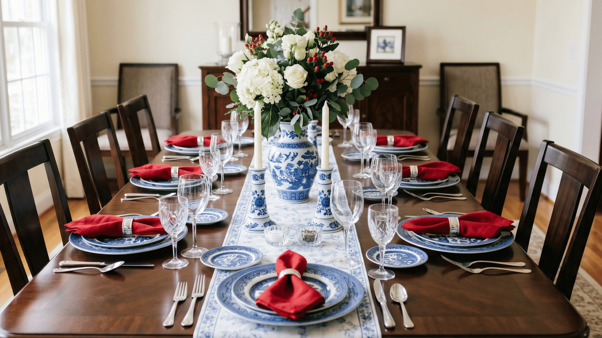 front view table with blue white plates, red napkins, small flower center, clean bright lighting