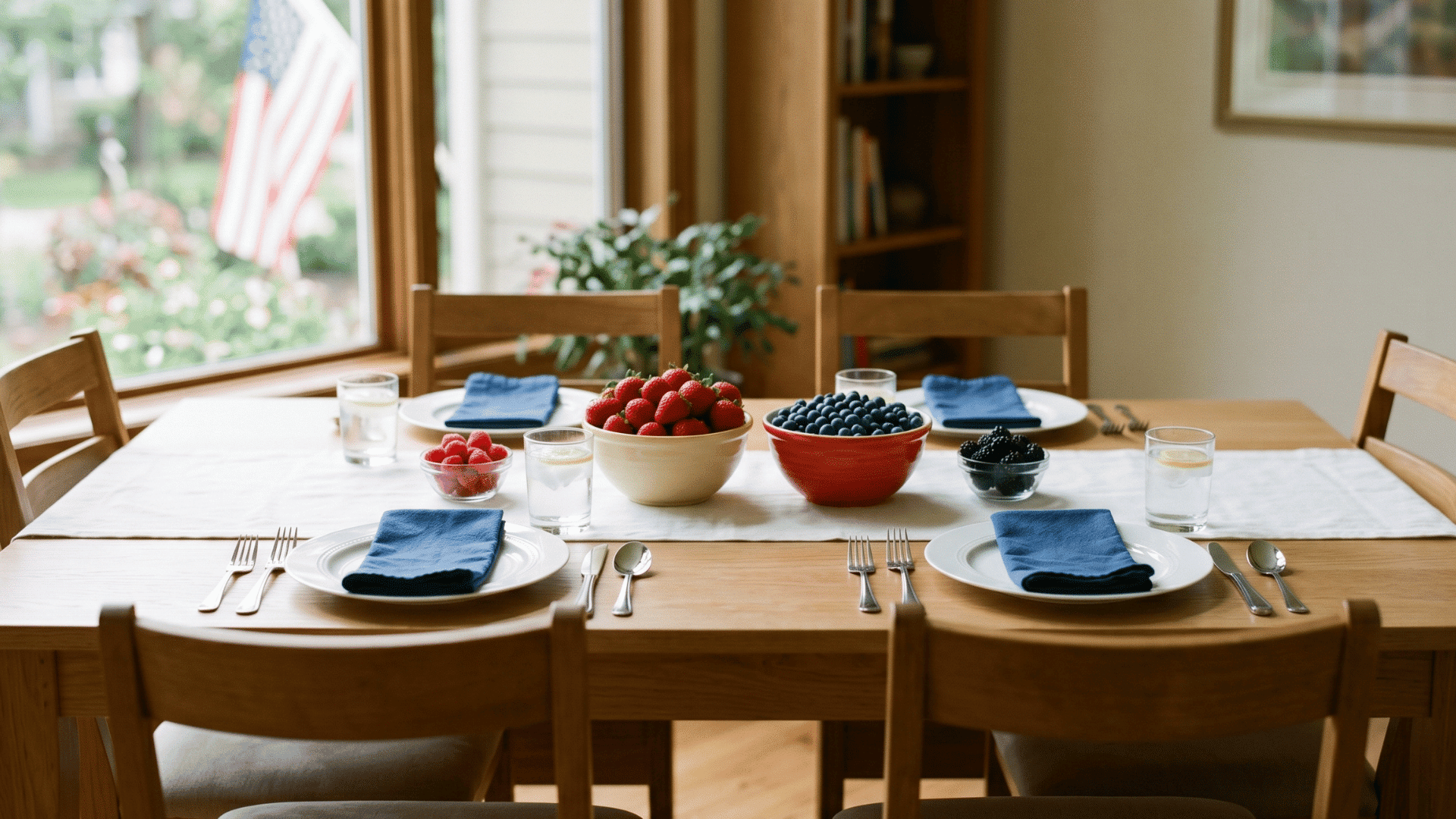 front view table with bowls of strawberries and blueberries centered, clean plates, soft light