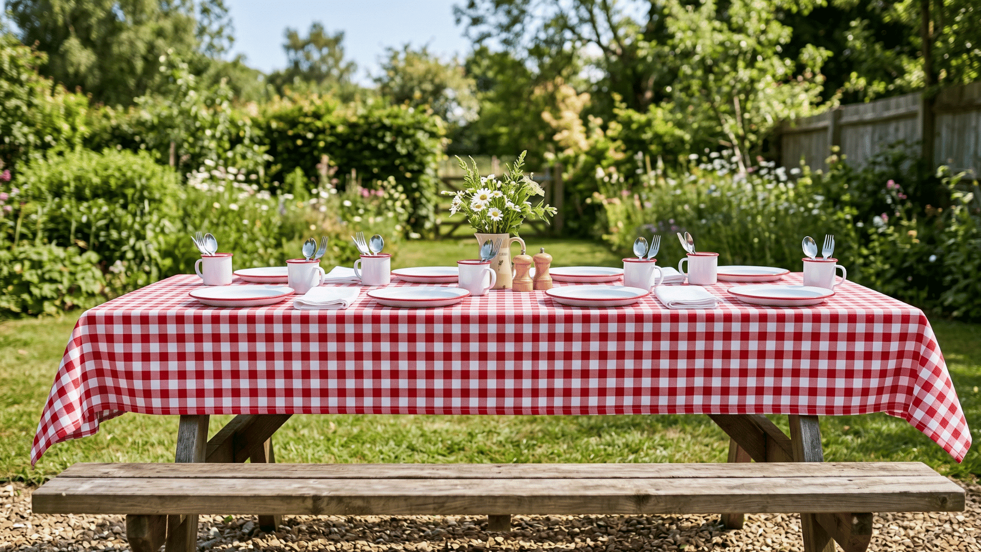 front view table with checkered cloth, enamel plates, small plant center, bright outdoor light
