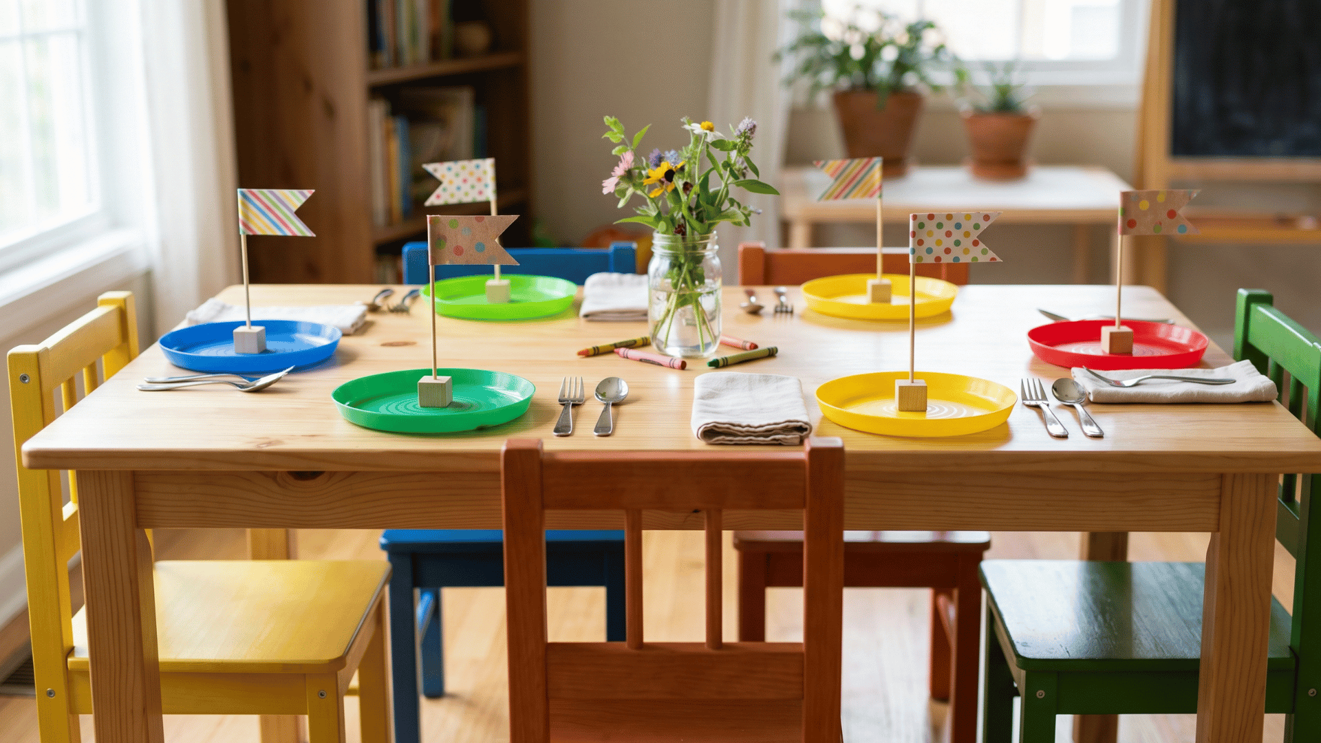 front view table with colorful setup and small paper flags, simple plates, bright lighting
