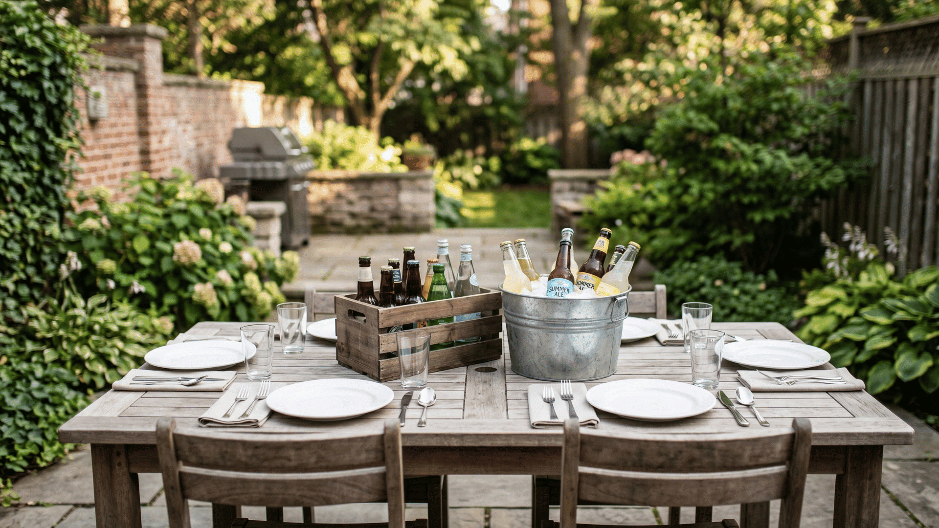 front view table with crates and drink bucket center, simple plates, bright natural lighting