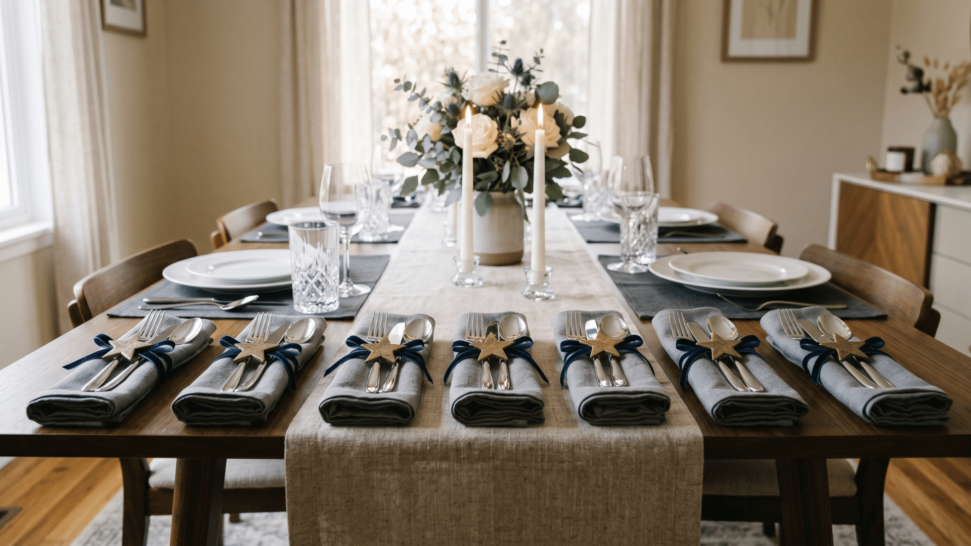 front view table with cutlery wrapped in napkins and star rings, clean plates, soft lighting