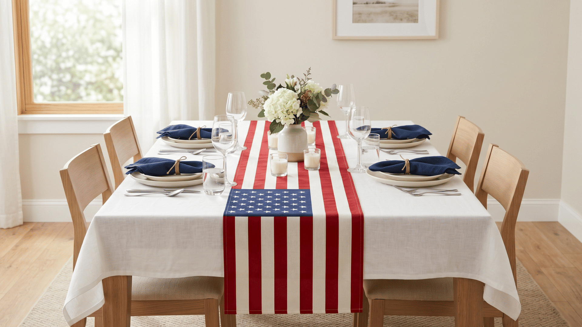front view table with flag runner centered, white plates, candles, clean setup, soft daylight