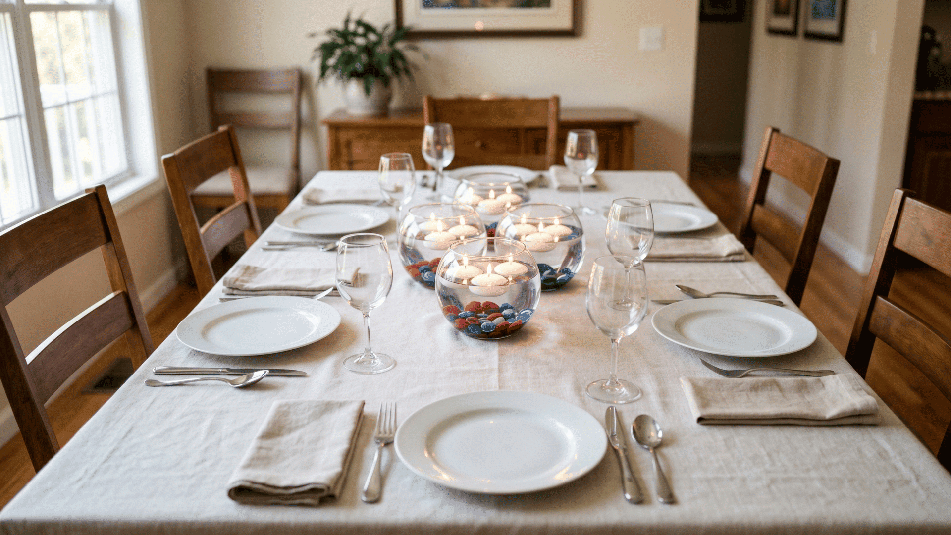 front view table with glass bowls, floating candles and stones, clean setup, soft reflections