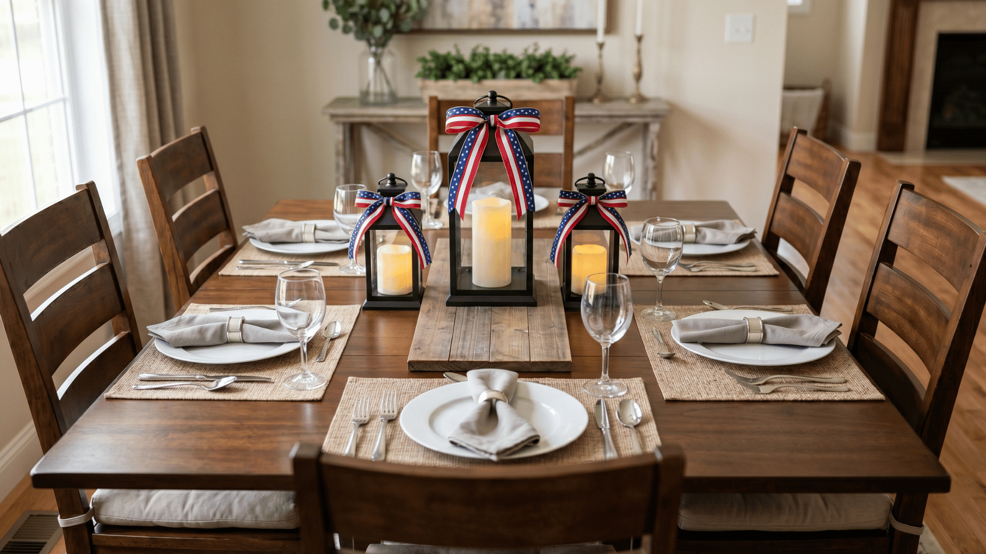 front view table with lanterns and ribbon accents centered, clean plates, soft daylight