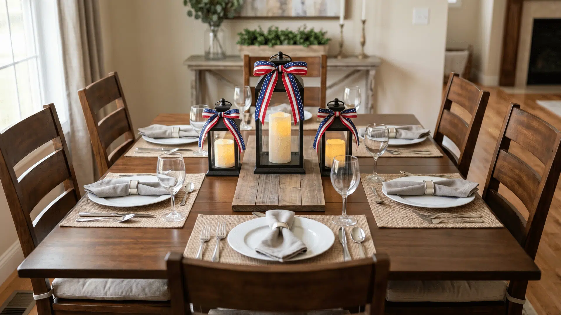 front view table with lanterns and ribbon accents centered, clean plates, soft daylight