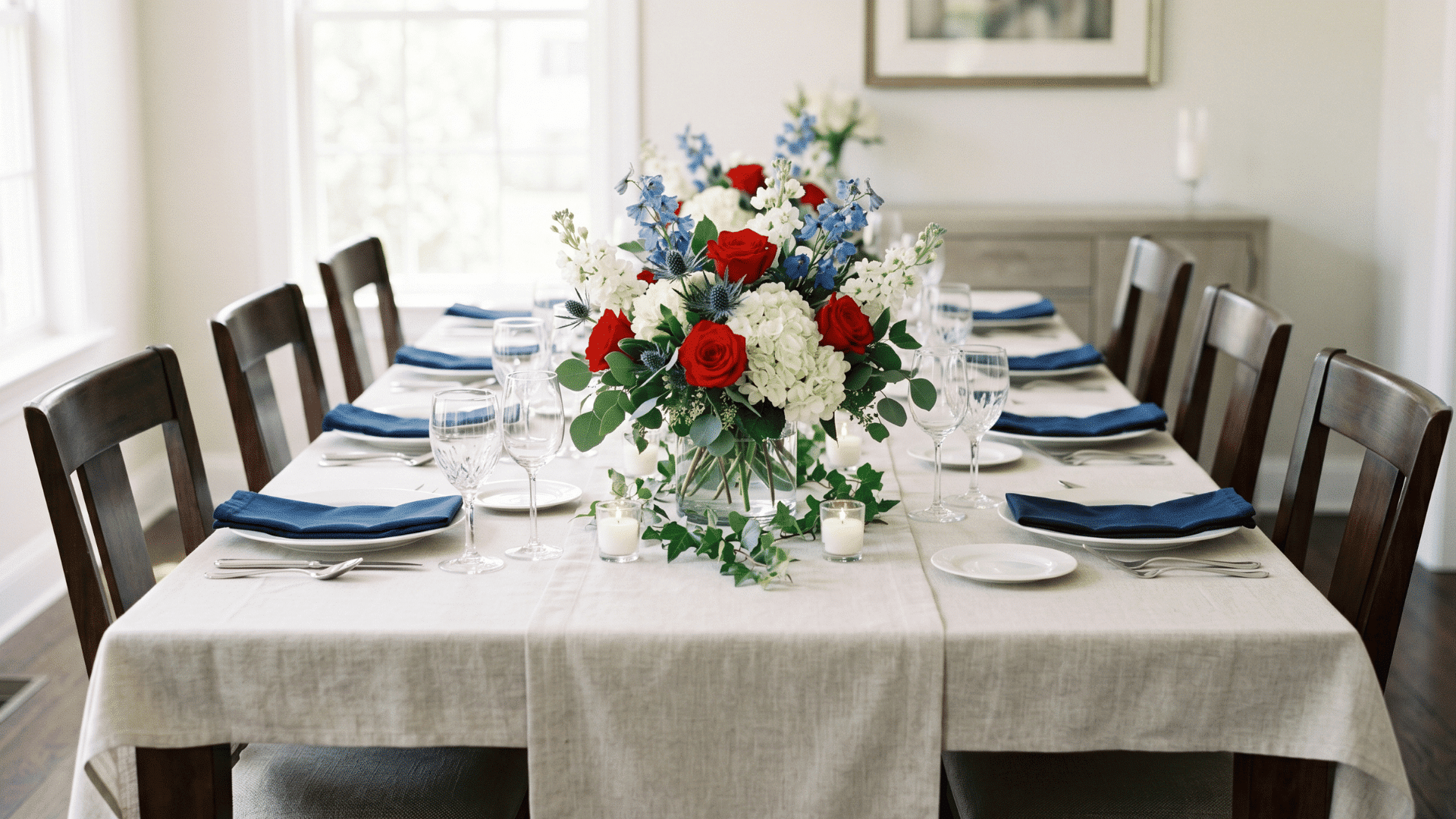 front view table with low vase of red white blue flowers centered, neat place settings, soft light