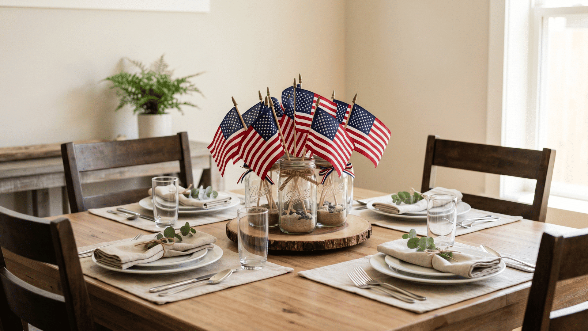 front view table with mason jars holding mini flags on tray, simple plates, soft natural light