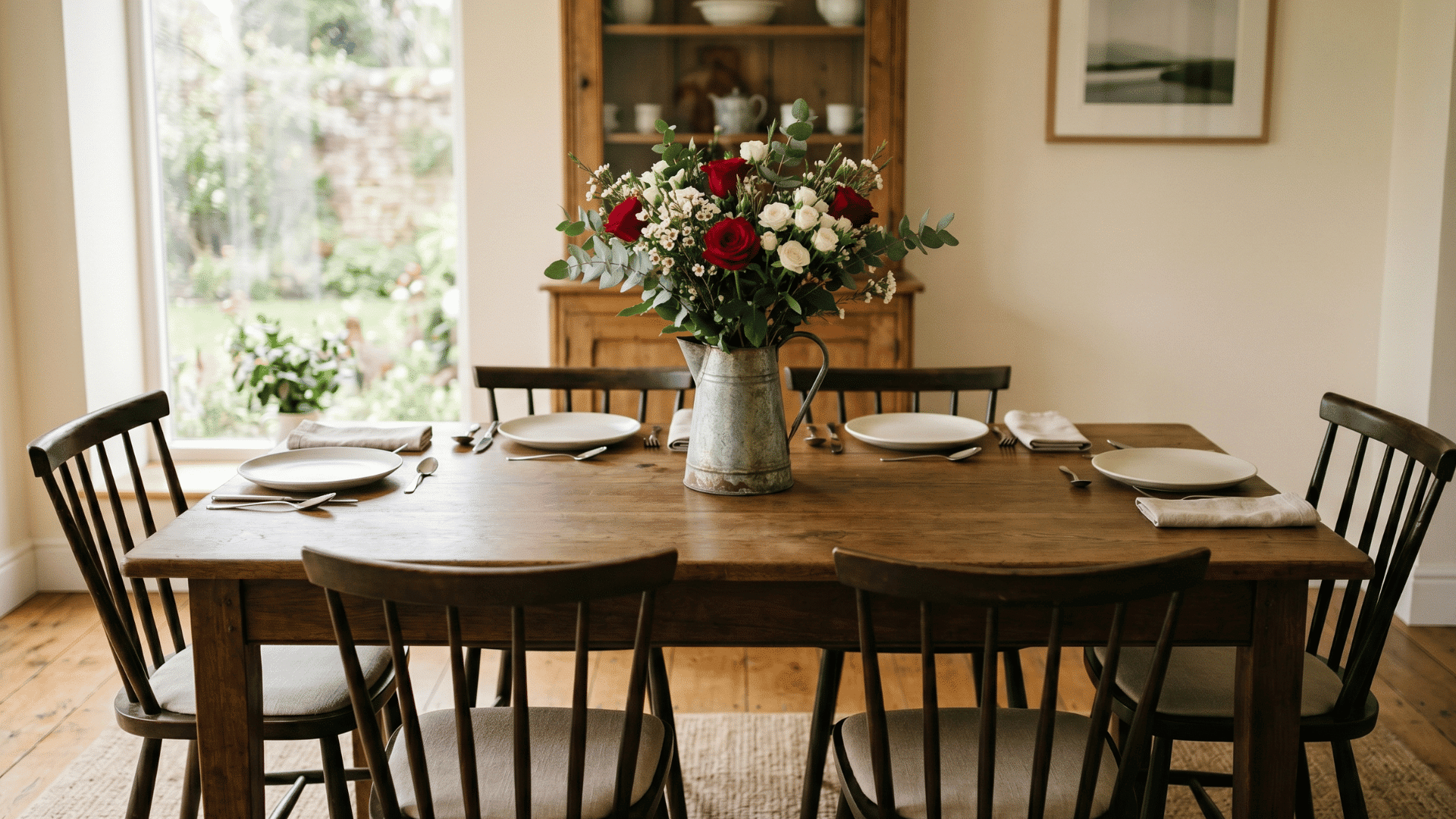 front view table with metal pitcher and flowers centered, balanced plates, soft daylight