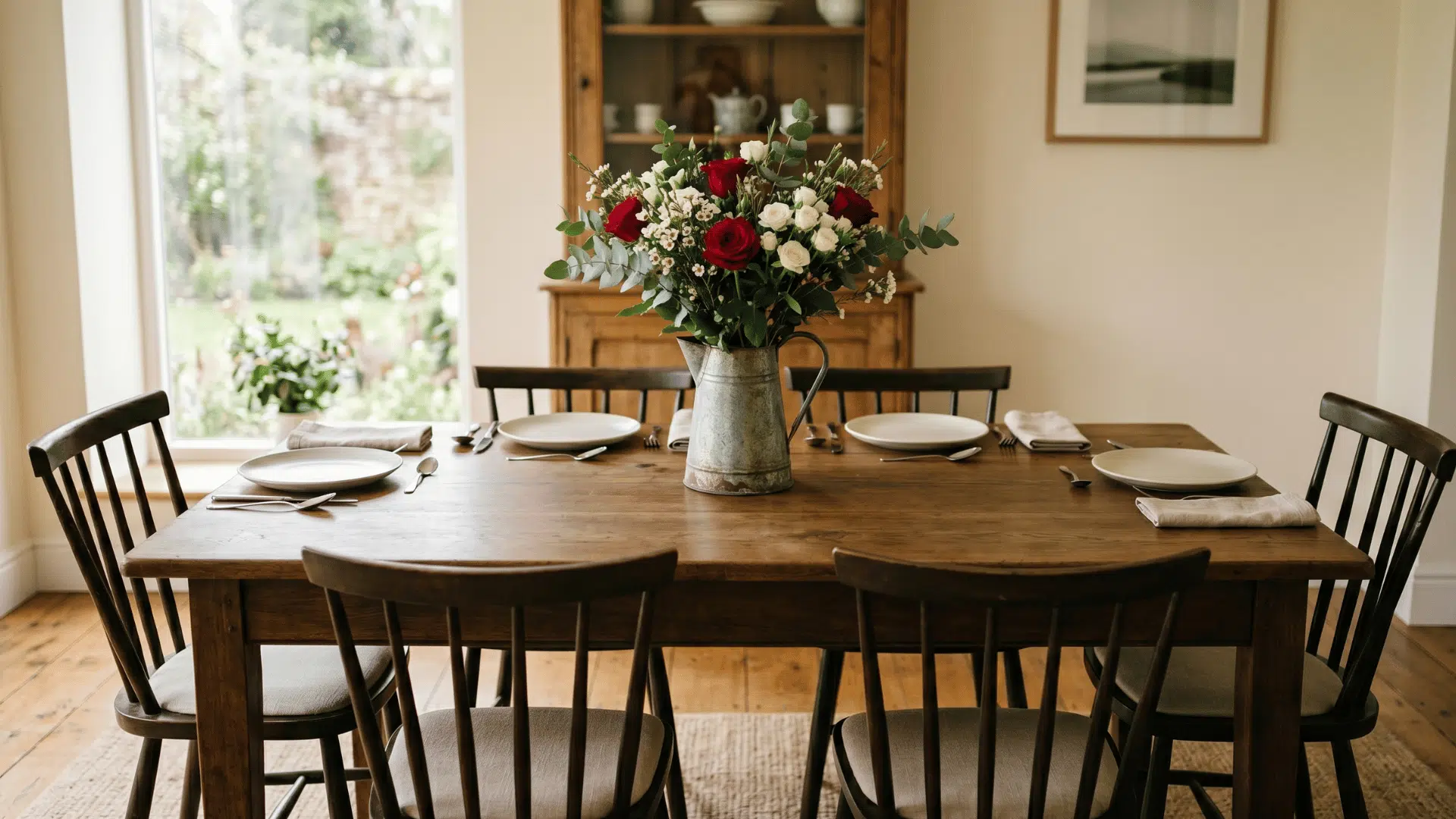 front view table with metal pitcher and flowers centered, balanced plates, soft daylight