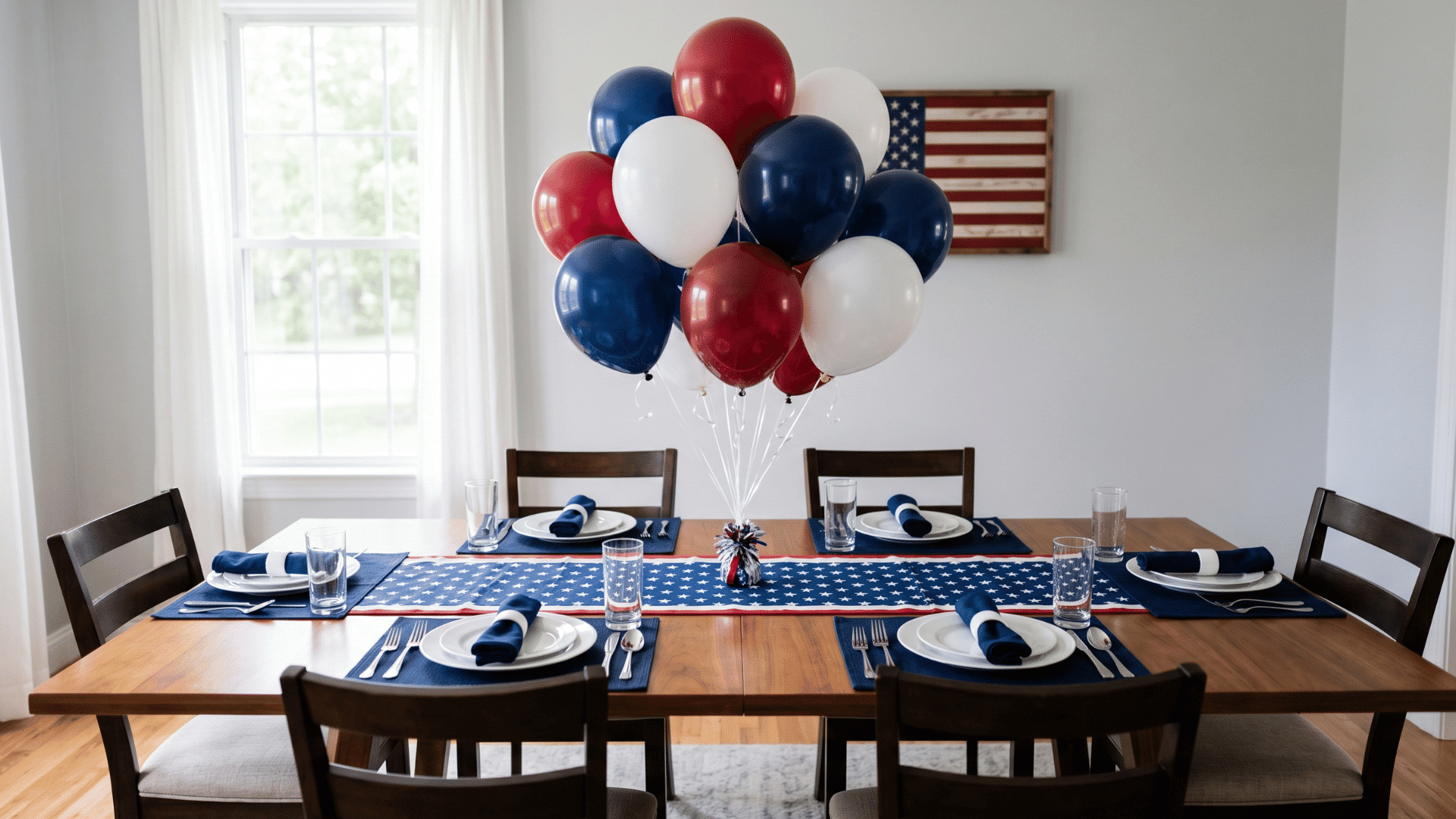 front view table with red white blue balloons centered, simple plates, soft natural lighting