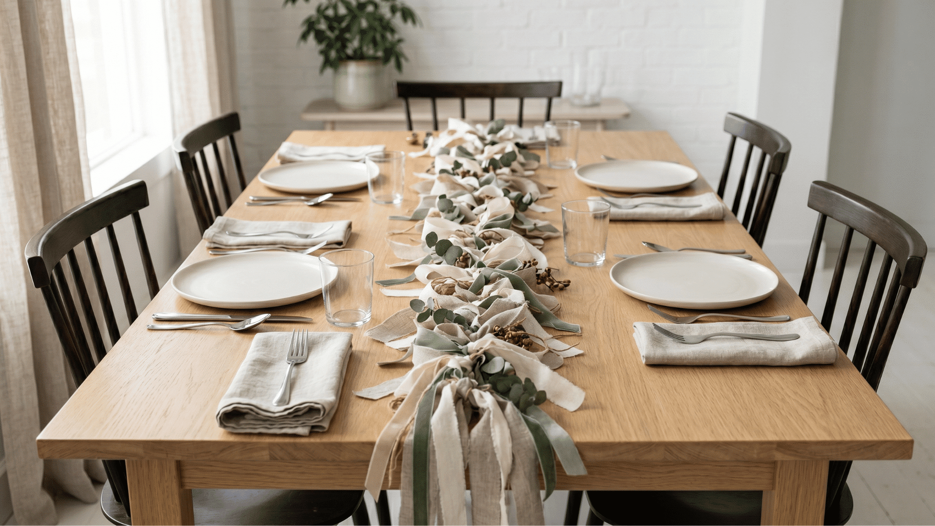 front view table with ribbon garland across center, clean plates, soft natural light