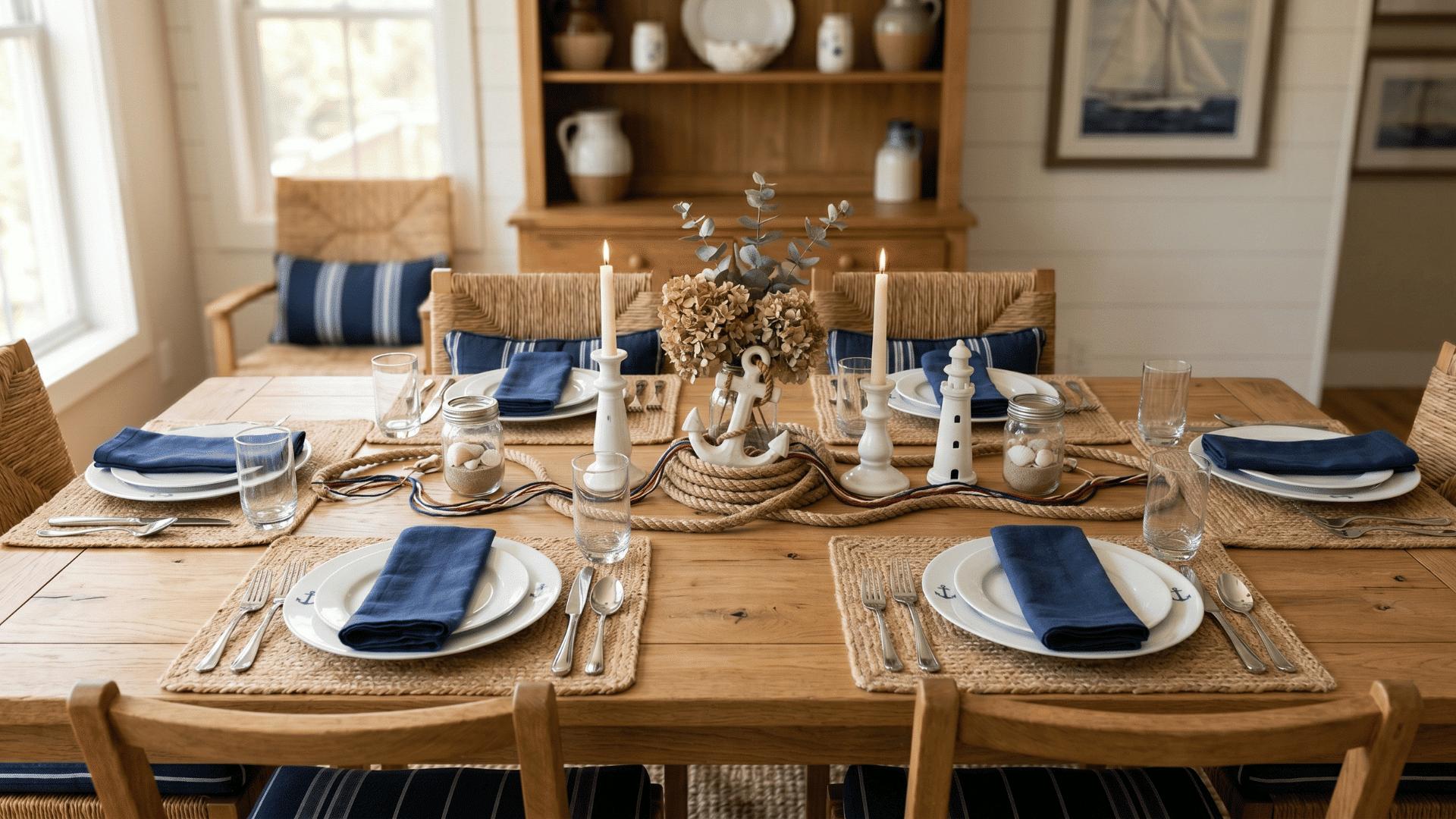 front view table with rope decor at center, neutral plates, navy accents, soft daylight