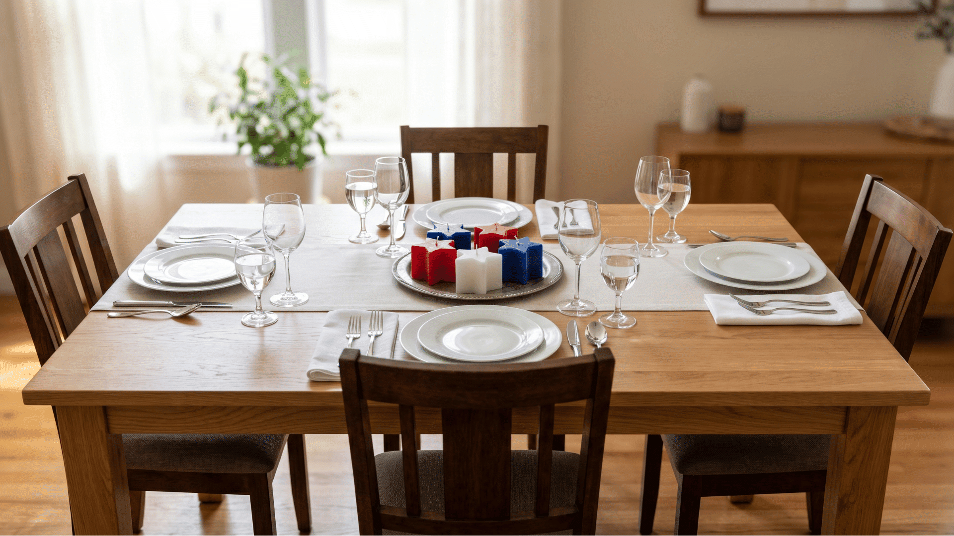front view table with star candles grouped at center, balanced plates, warm soft natural light