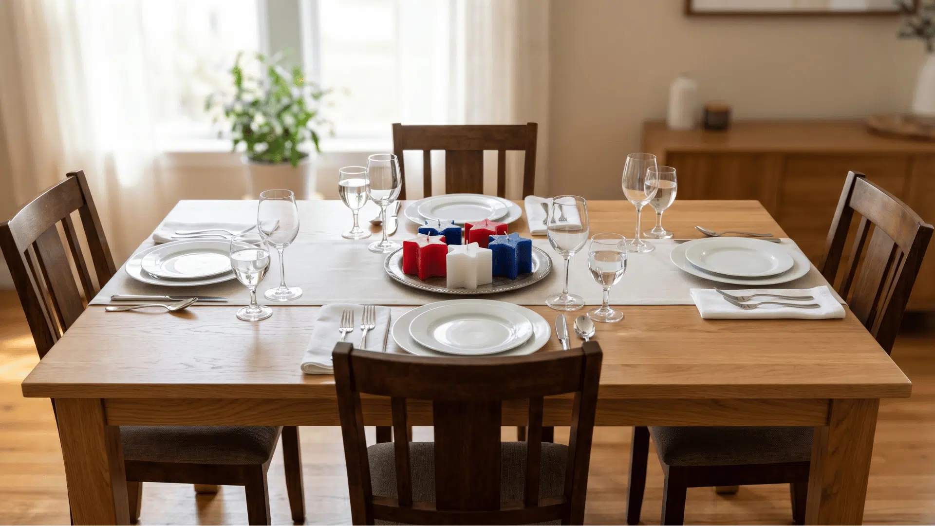 front view table with star candles grouped at center, balanced plates, warm soft natural light