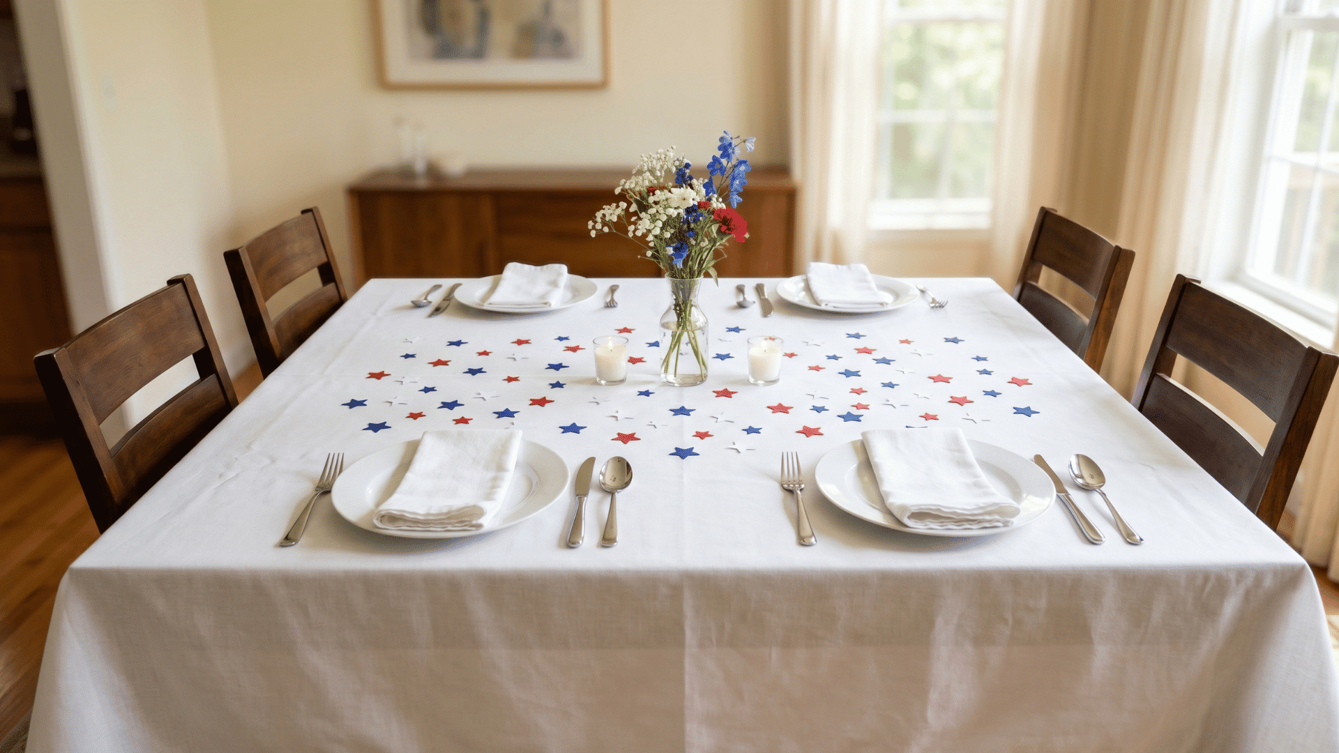 front view table with white cloth and star confetti scattered, clean plates, soft light