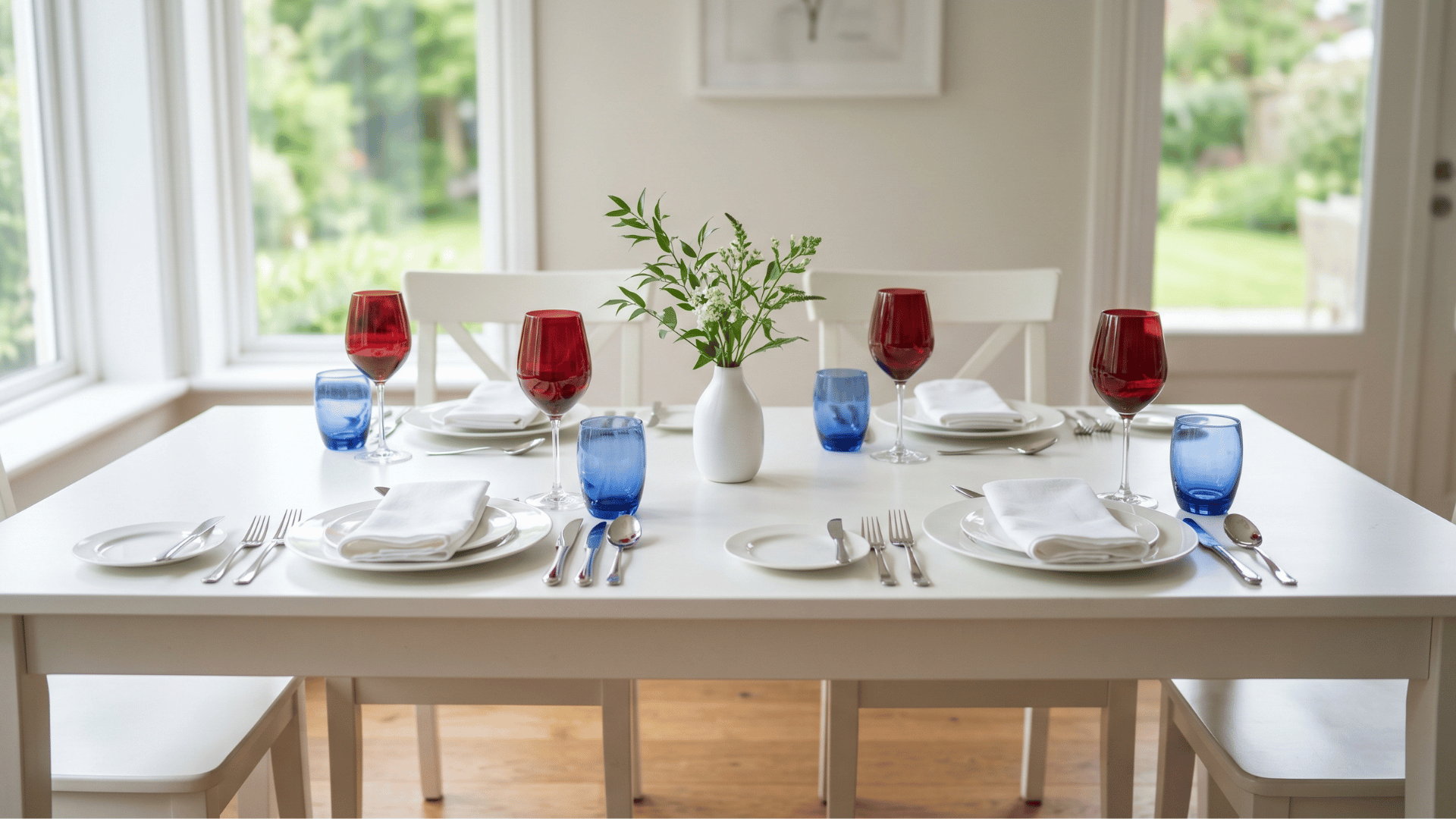 front view table with white plates and red blue glasses, minimal center, bright soft light