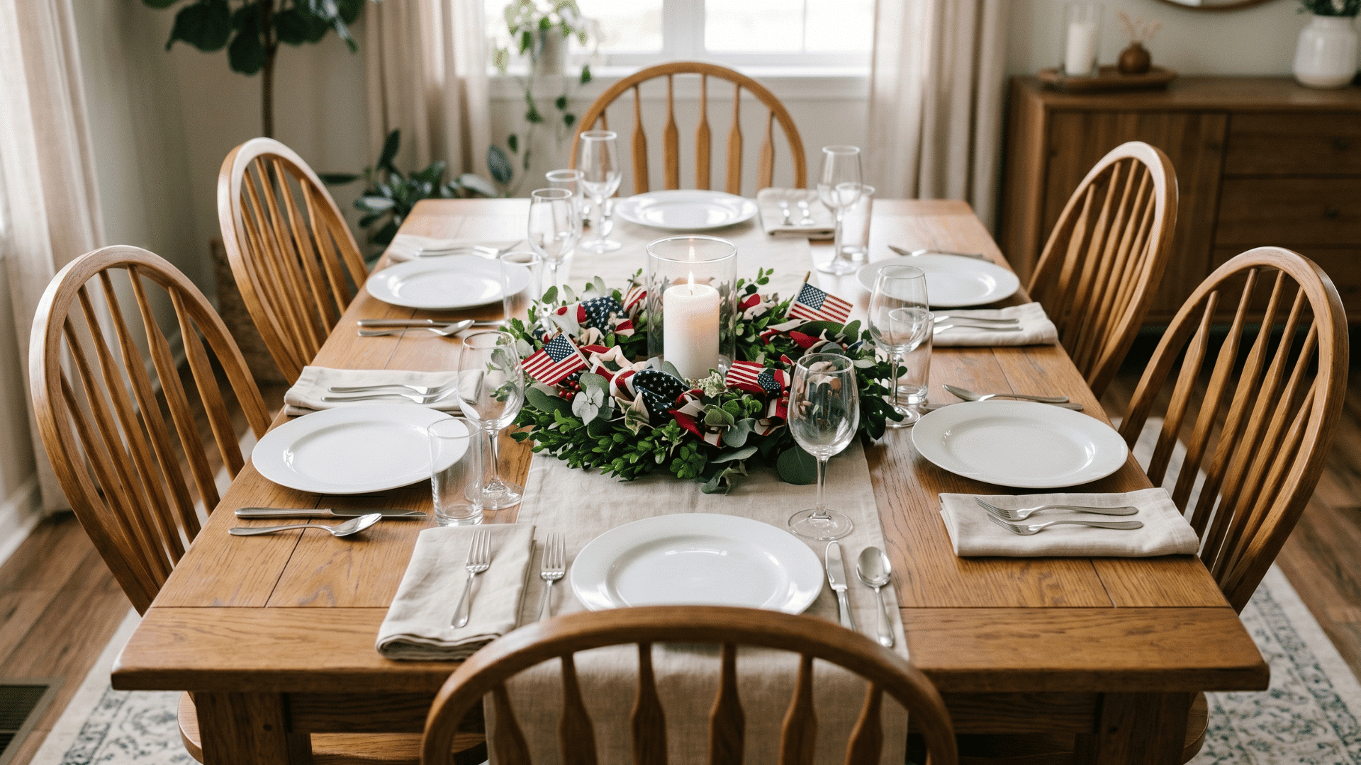 front view table with wreath laid flat and candle center, balanced plates, soft lighting
