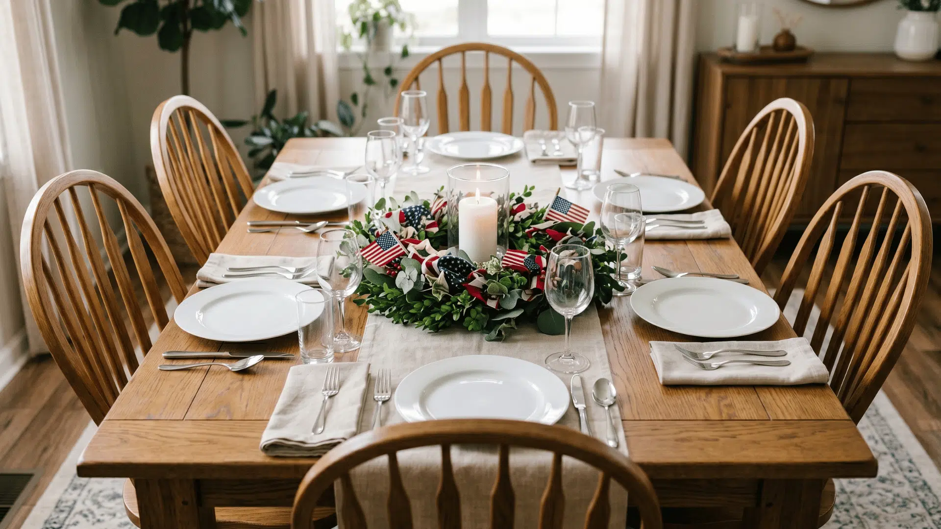 front view table with wreath laid flat and candle center, balanced plates, soft lighting