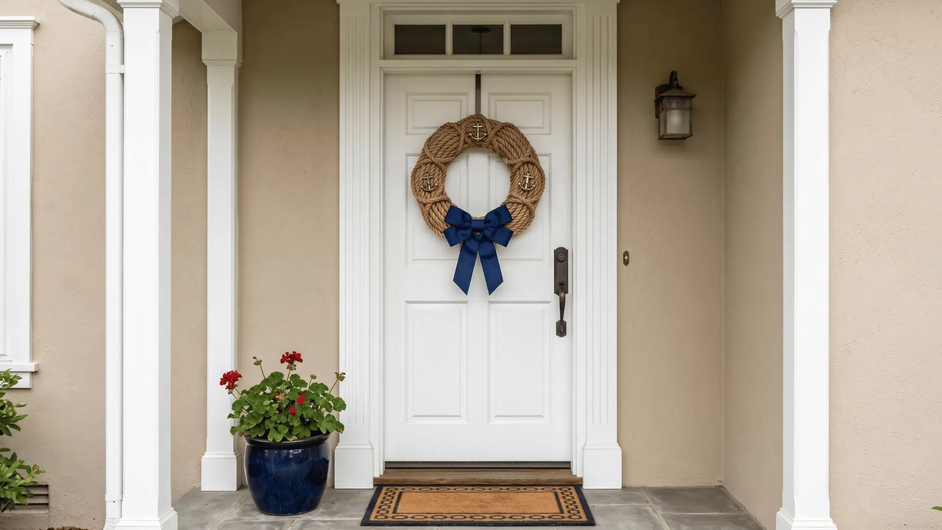 front view thick coiled rope wreath with navy bow and anchor accents on a neutral door (1)