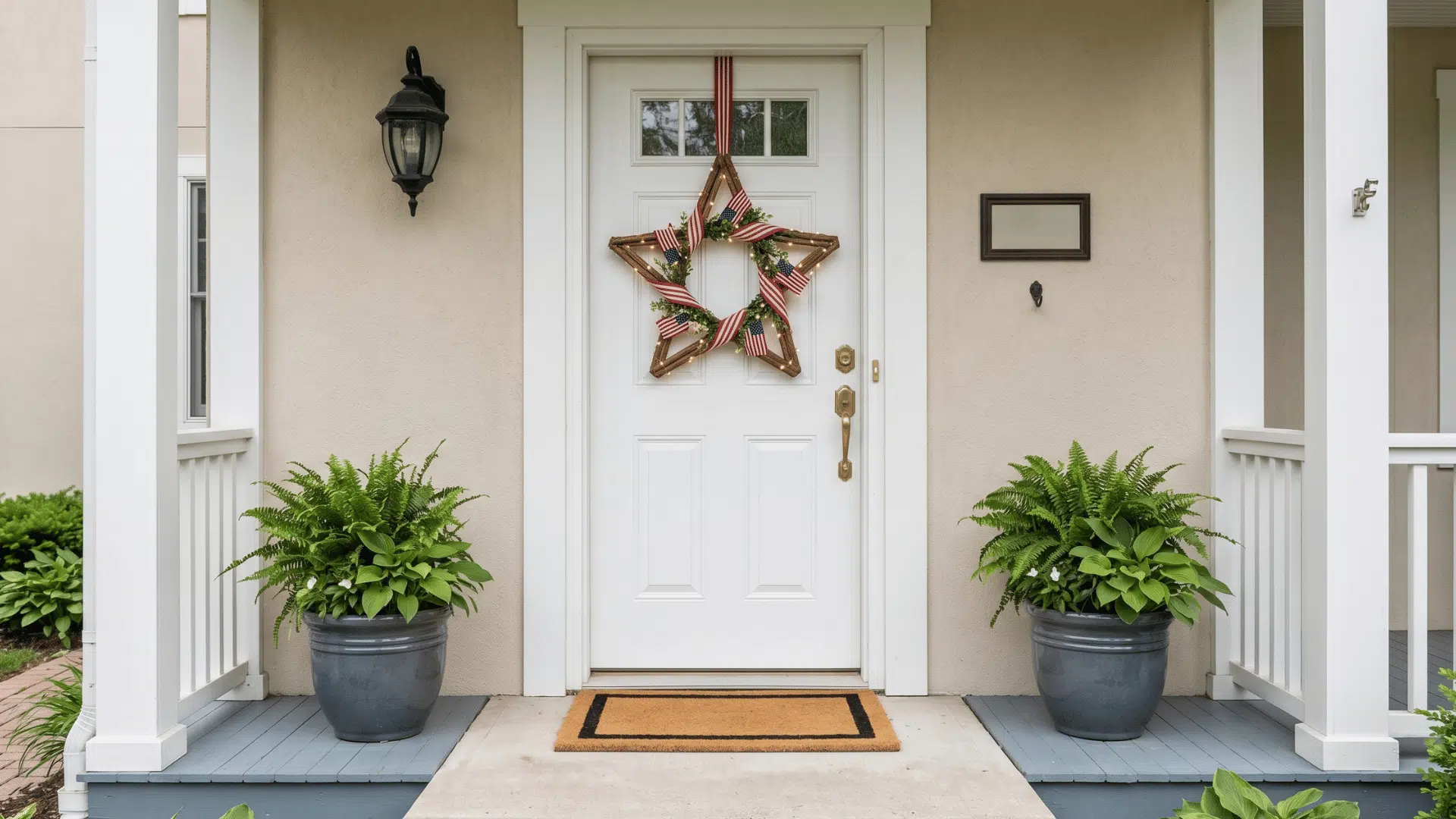 front view wooden star wreath wrapped in red and white ribbon with subtle warm lights