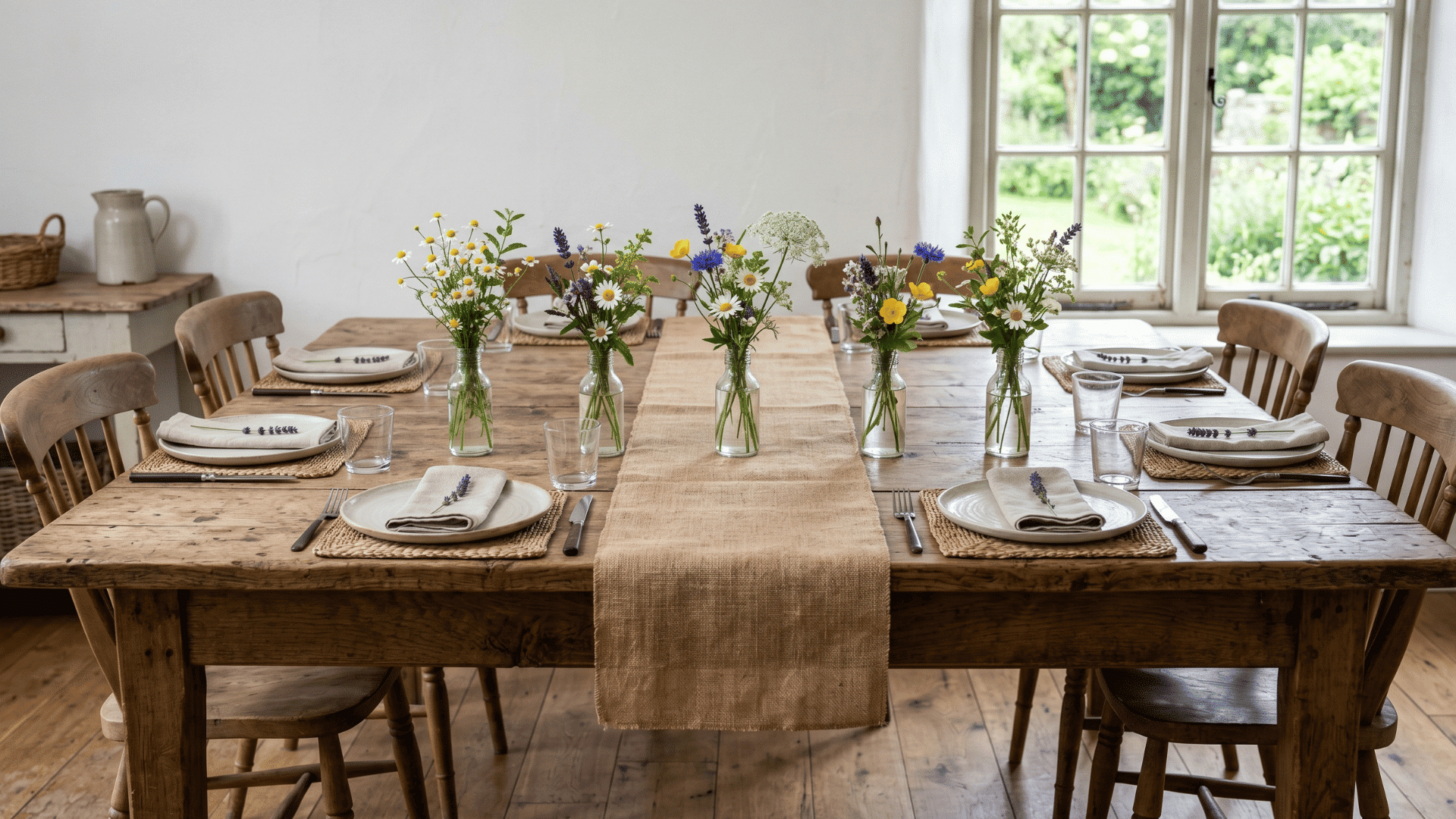 front view wooden table with burlap runner and small wildflower bottles, natural soft lighting