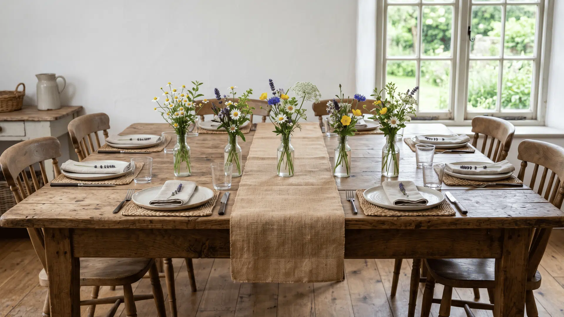 front view wooden table with burlap runner and small wildflower bottles, natural soft lighting